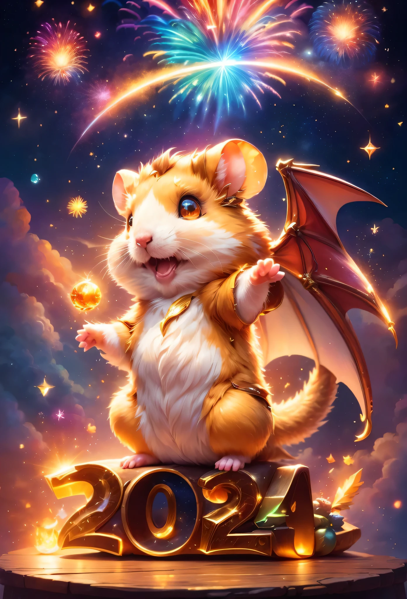 (nice Logo:("2024")("Happy new year")),poster of,hamster and dragon,(hamster like a dragon:flight:jump),dragon wings,dragon horn:2 parts,sunrise,masterpiece,highest quality,fluffy hamster:raise your hand,nice,cute,fun,happy,dynamic composition，anatomically correct,fantasy,photo realistic,dungeons and dragons,very detailed,about,particles of light,,magic effect,dawn