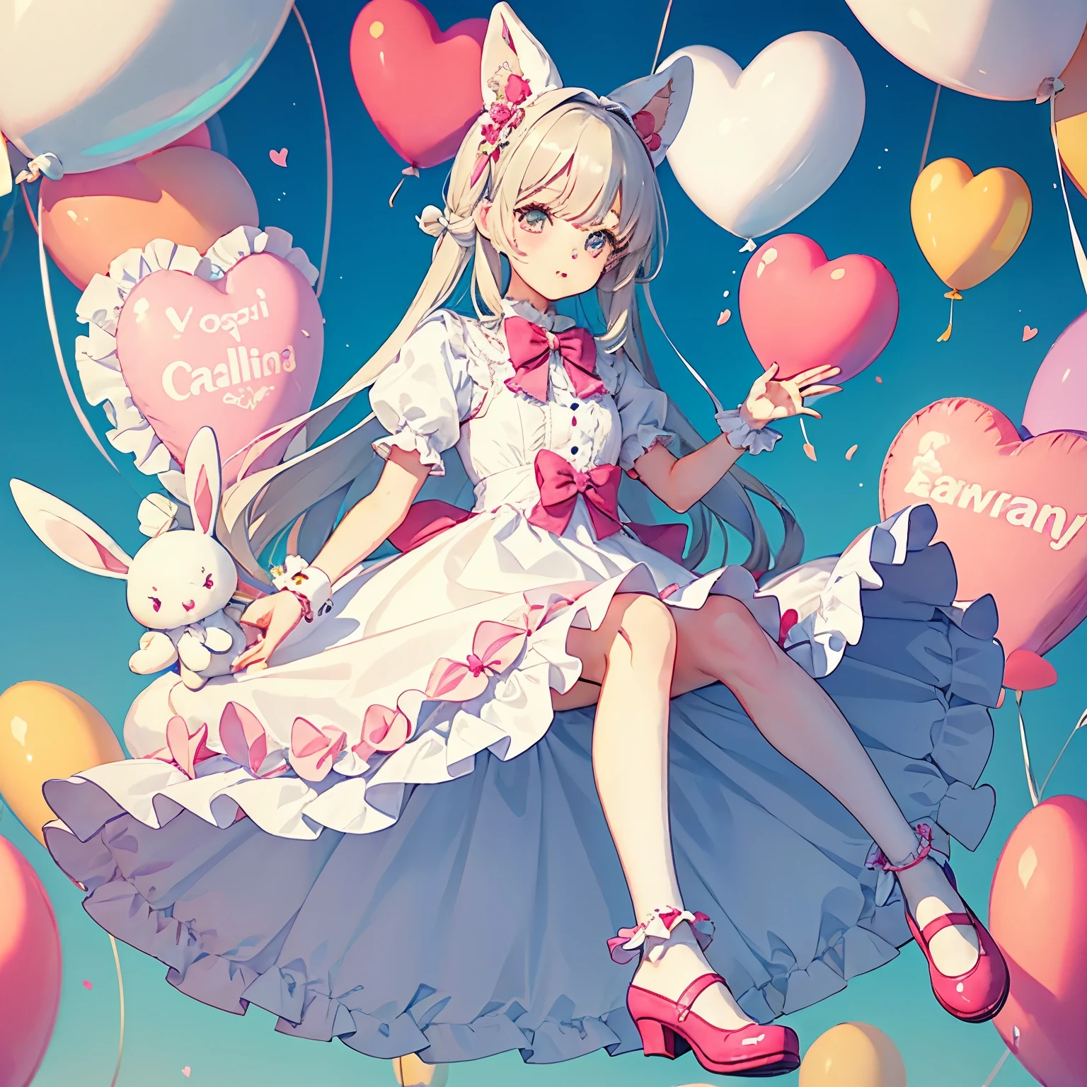 lolita clothes, egl fashion, rabbit, pastel, balloons, rabbit is happy, no person in photo, a rabbit wearing lolita dress, puffy dress, kawaii, waving,white background, Sylvanian family , lop bunny, bow on head, simple, holding two heart balloons, an animal, wearing cute shoes