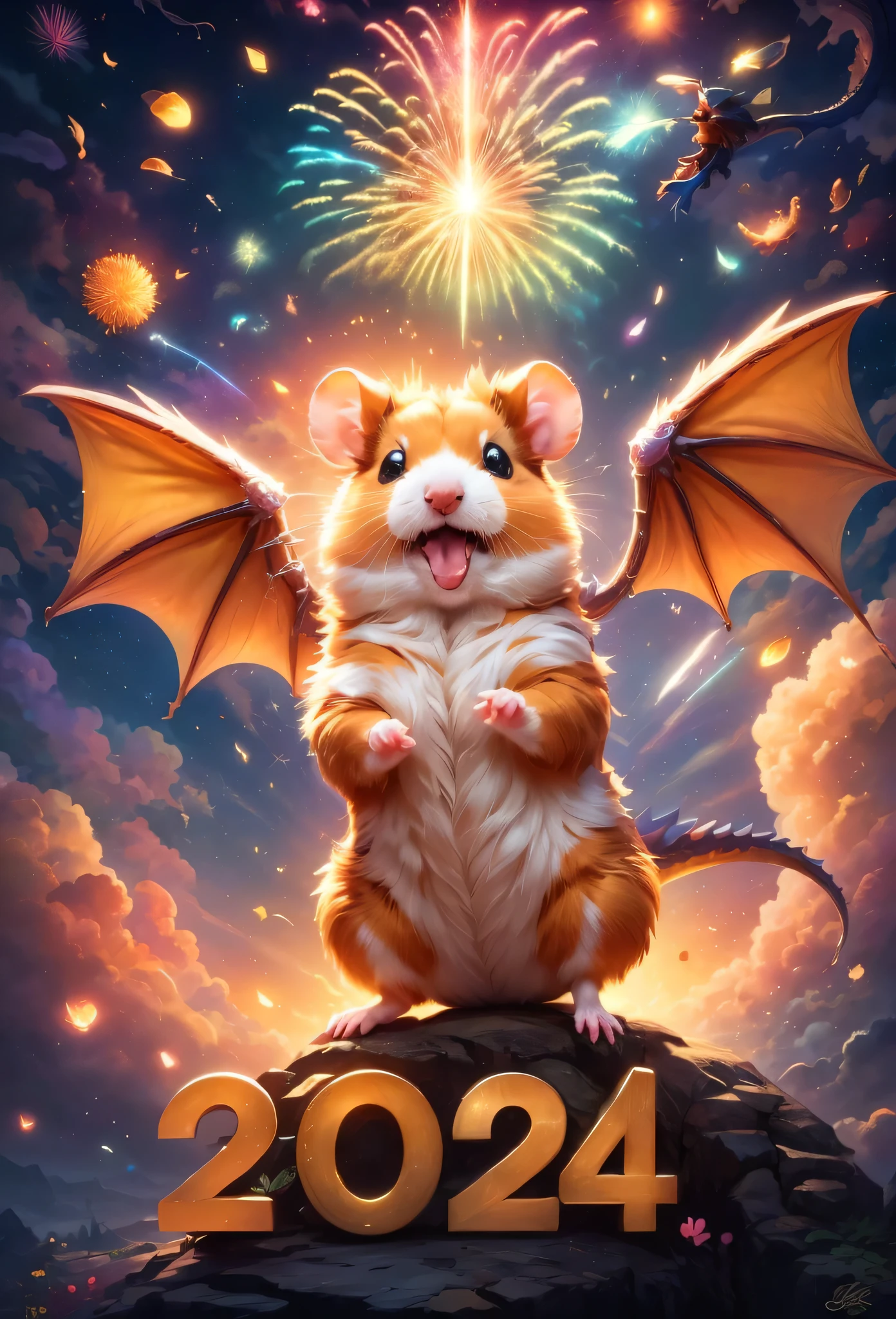 (nice Logo:("2024")("Happy new year")),poster of,hamster and dragon,(hamster like a dragon:flight:jump),dragon wings,dragon horn:2 parts,sunrise,masterpiece,highest quality,fluffy hamster:raise your hand,nice,cute,fun,happy,dynamic composition，anatomically correct,fantasy,photo realistic,dungeons and dragons,very detailed,about,particles of light,,magic effect,dawn