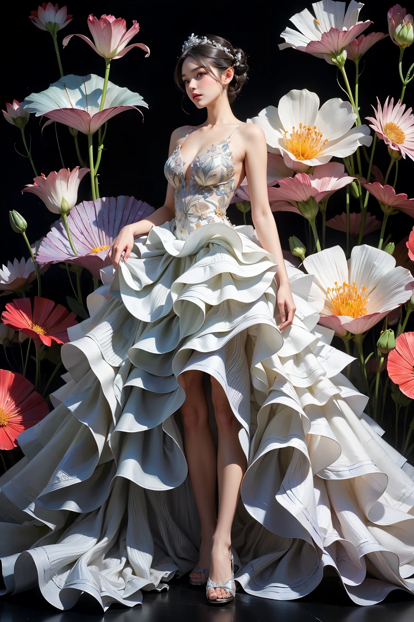 (Masterpiece: 1.4, best quality), (extremely complex), highly detailed, (absurd), super detailed, beautiful and beautiful, beautiful girl with pink hair wearing a dress made out of flowers by karol bak and vincent van gogh. masterpiece portrait oil on canvas painting, Ultra high quality, 16k