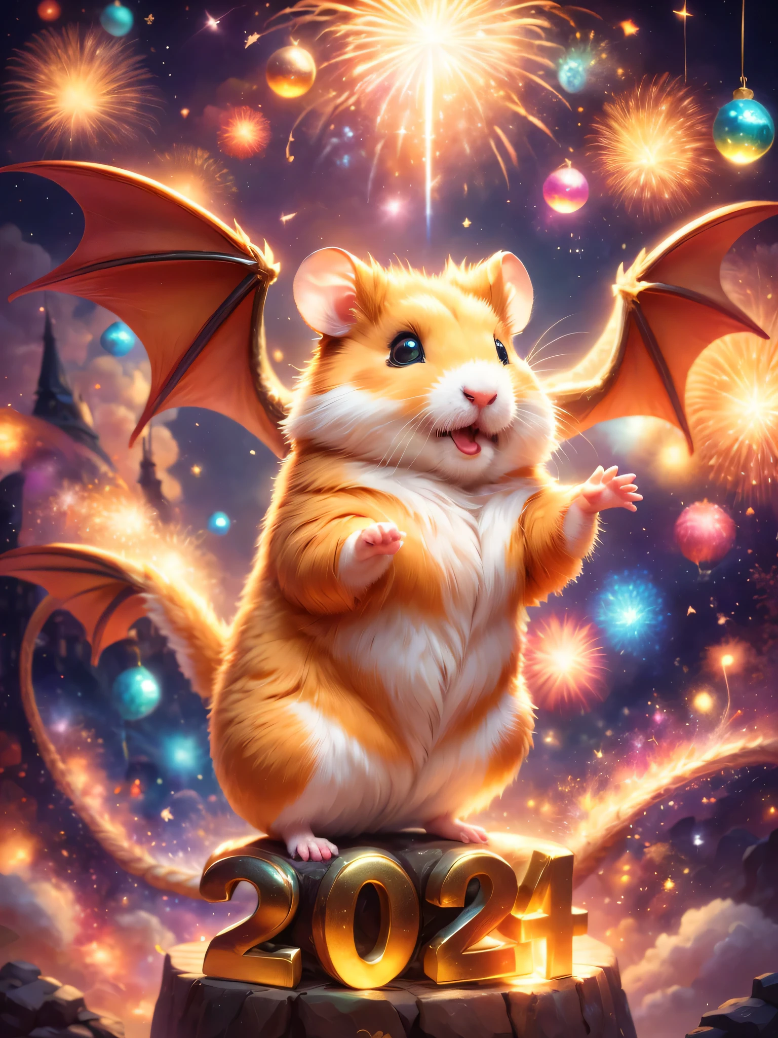 (nice Logo:("2024")("Happy new year")),poster of,hamster and dragon,(hamster like a dragon:flight:jump),dragon wings,dragon horn:2 parts,,masterpiece,highest quality,fluffy hamster:raise your hand,nice,cute,fun,happy,dynamic composition，anatomically correct,fantasy,photo realistic,dungeons and dragons,very detailed,about,particles of light,,magic effect,