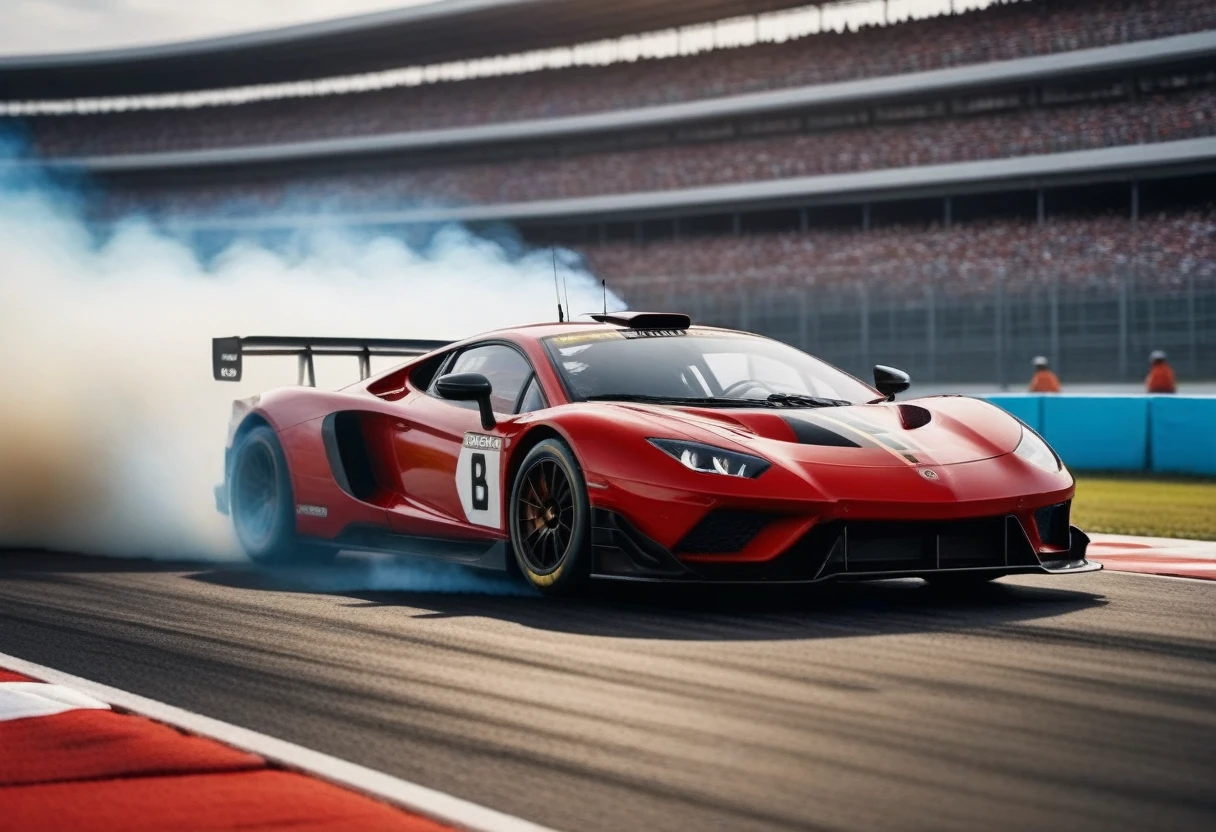 2 Sport Racing Cars on the Racing track, bleachers blurred and blurred from the speed in the background, focusing on Racing Cars, the background is blurred due to the high speed of Racing Cars, Racing Cars overtake each other and race, smoke from burning tires is coming from under the wheels of Racing Cars, realistic, artistic photo, Racing Cars are shown in detail, action scene, high resolution 8k, shallow depth of field f/2.8, shutter speed 1/25, red-black colors.