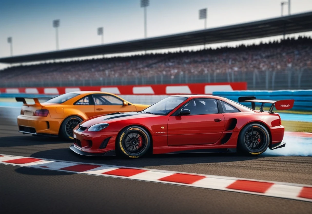 2 Sport Racing Cars on the Racing track, bleachers blurred and blurred from the speed in the background, focusing on Racing Cars, the background is blurred due to the high speed of Racing Cars, Racing Cars overtake each other and race, smoke from burning tires is coming from under the wheels of Racing Cars, realistic, artistic photo, Racing Cars are shown in detail, action scene, high resolution 8k, shallow depth of field f/2.8, shutter speed 1/25, red-black colors.