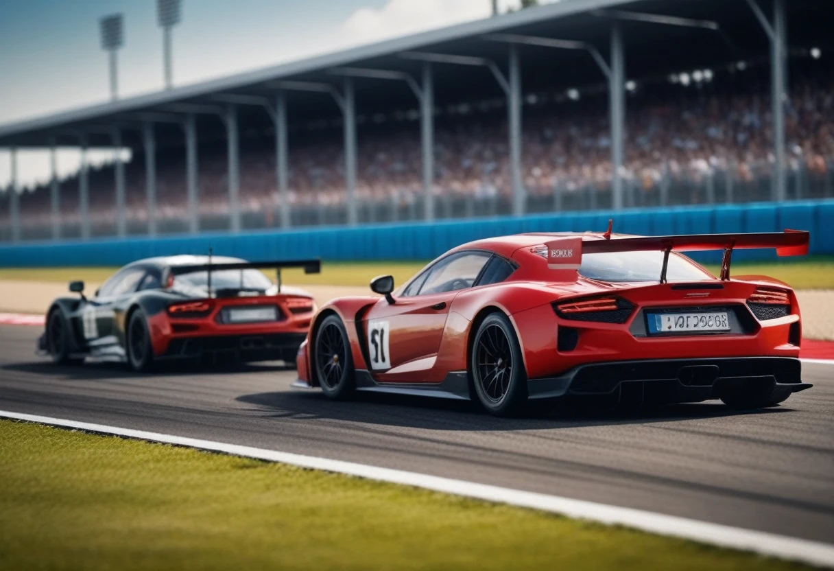 2 Sport Racing Cars on the Racing track, bleachers blurred and blurred from the speed in the background, focusing on Racing Cars, the background is blurred due to the high speed of Racing Cars, Racing Cars overtake each other and race, smoke from burning tires is coming from under the wheels of Racing Cars, realistic, artistic photo, Racing Cars are shown in detail, action scene, high resolution 8k, shallow depth of field f/2.8, shutter speed 1/25, red-black colors.