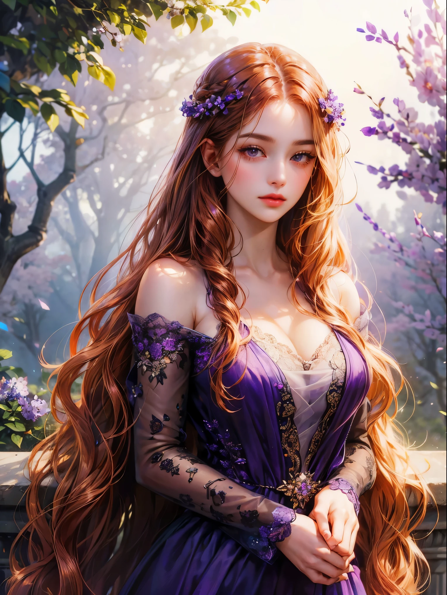 A girl, long copper colored hair, wavy hair, no bangs and violet eyes. She wears a violet simple dress, beautiful girl, detailed eyes, detailed face, detailed hands, she looks at the viewer. Full figure. Background trees and amethyst flowers