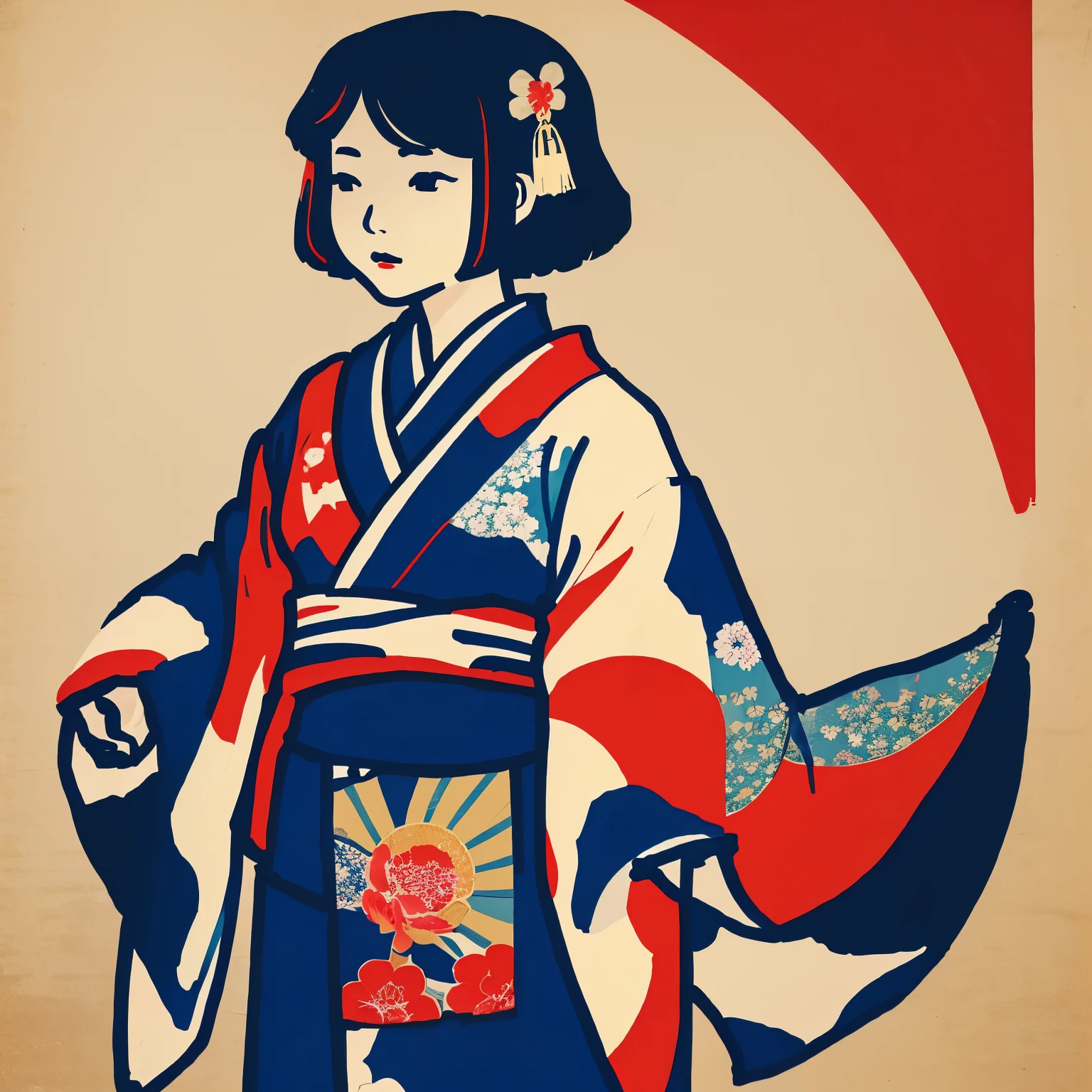 Art vintage japonais, Conception de t-shirts, art vectoriel, art plat:1,4." \\ (japonaise, en kimono, best quality, Art officiel, beaucoup de couleurs, couleurs du japon: 1.2)