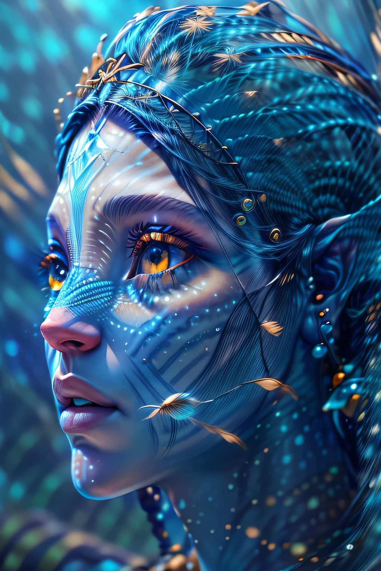 fashion photography portrait of blue human avatar, in blue sea with fish, 3d render, cgi, symetrical, octane render, 35mm, bokeh, 9:16, (intricate details:1.12), hdr, (intricate details, hyperdetailed:1.15), (natural skin texture, hyperrealism, soft light, sharp:1.2)
