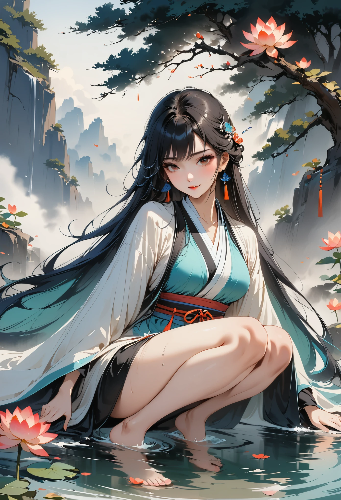 ((4K,masterpiece,best quality)), Ink Bismuth, traditional Chinese painting, lotus, hanfu, maxis kit, Dress conservatively 1girl, alone, long blue hair, Smile, Squat down, feet in water, barefoot,