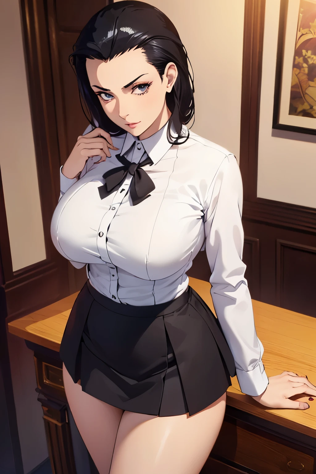 (masterpiece, best quality, detailed illustration, high resolution), ((1girl, solo)), ((huge breasts, large breasts, slim waist, long legs, fit body, toned body)), ((black hair)), ((white shirt, skirt, red suit)), ((full body, closeup view)), ((standing)), ((looking at the viewer, facing the viewer)), office setting, ((fair skin)), oiled skin, ((large breasts, mature woman, mature female, mature lady)), ((slicked hair)), (detailed eyes), ((standing)),