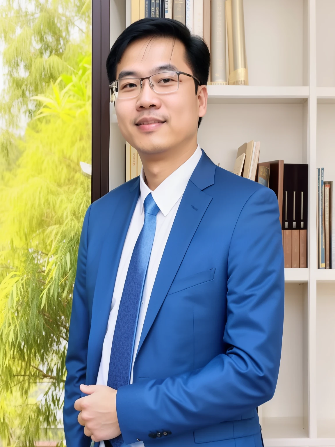 there is a man in a blue suit and tie standing in front of a book shelf, hoang long ly, dzung phung dinh, dao trong le, quy ho, phong yintion j - jiang geping, ngai victo, bao pham, phuoc quan, dang my linh, ceo, professional profile picture