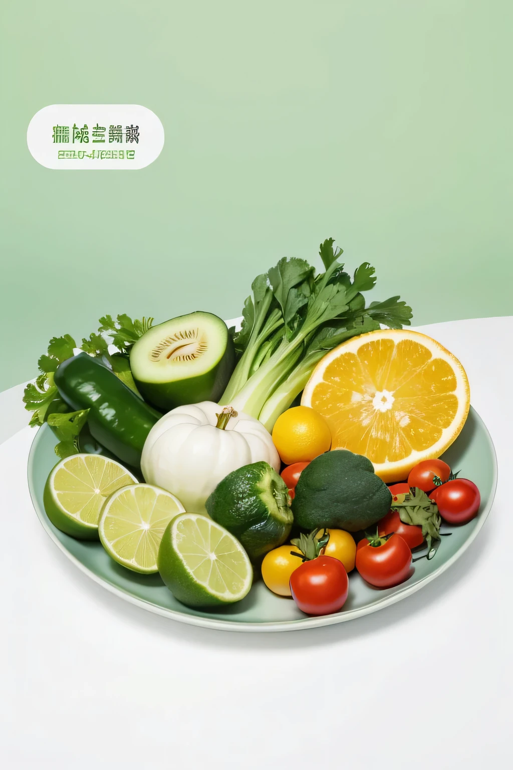 Make a food-themed poster,The background color is fresh light green,Symbolizing nature and health。Leave a large margin at the top,The picture below is a plate of brightly colored washed vegetables and fruits,Have a bottle of hand sanitizer and a pair of clean gloves nearby