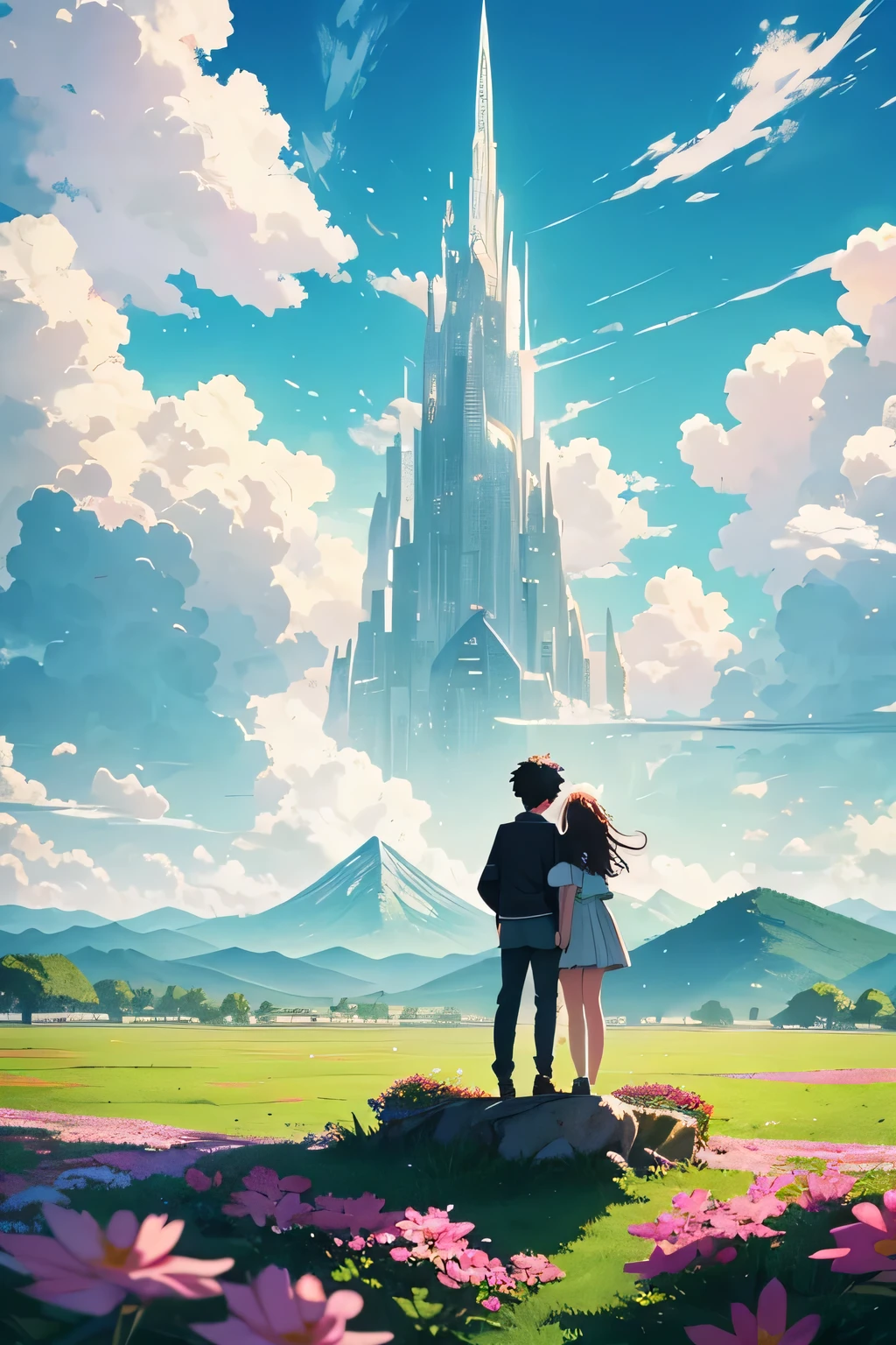 Create an anime-style artwork featuring a boy and a girl standing on a floating piece of land adorned with a majestic, solitary tree. Surround them with white fluffy clouds against a vibrant sky. In the background, depict towering mountains overlooking a vast green field of colorful flowers, evoking a sense of tranquility and wonder.