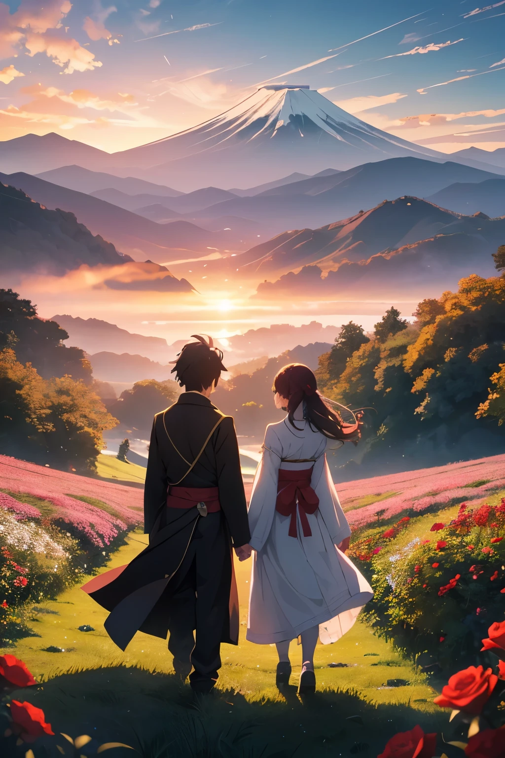 Create a captivating anime-style artwork portraying a boy and a girl standing on a picturesque landscape adorned with lush green grass and vibrant red roses, symbolizing the beauty of nature and the tender bond between them. In the distance, a majestic mountain resembling Mount Fuji emerges, partially veiled by bright white clouds, adding a touch of mystique and grandeur to the scene. The sky is awash with the soft, warm colors of sunrise, casting a serene and ethereal glow over the entire setting. Infuse the artwork with the enchanting and emotive style reminiscent of the acclaimed Japanese anime movie 'Your Name,' capturing its evocative storytelling and visual splendor.