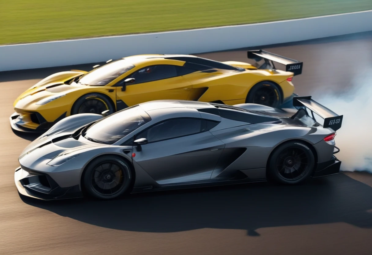2 Sport Racing Cars on the Racing track, bleachers blurred and blurred from the speed in the background, focusing on Racing Cars, the background is blurred due to the high speed of Racing Cars, Racing Cars overtake each other and race, smoke from burning tires is coming from under the wheels of Racing Cars, realistic, artistic photo, Racing Cars are shown in detail, action scene, high resolution 8k, shallow depth of field f/2.8, shutter speed 1/25, yellow-black colors.