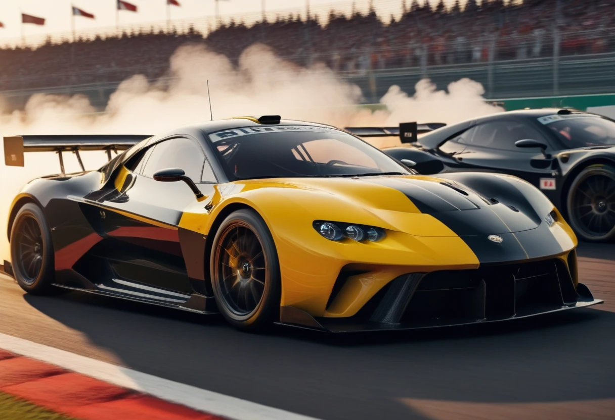 2 Sport Racing Cars on the Racing track, bleachers blurred and blurred from the speed in the background, focusing on Racing Cars, the background is blurred due to the high speed of Racing Cars, Racing Cars overtake each other and race, smoke from burning tires is coming from under the wheels of Racing Cars, realistic, artistic photo, Racing Cars are shown in detail, action scene, high resolution 8k, shallow depth of field f/2.8, shutter speed 1/25, yellow-black colors.