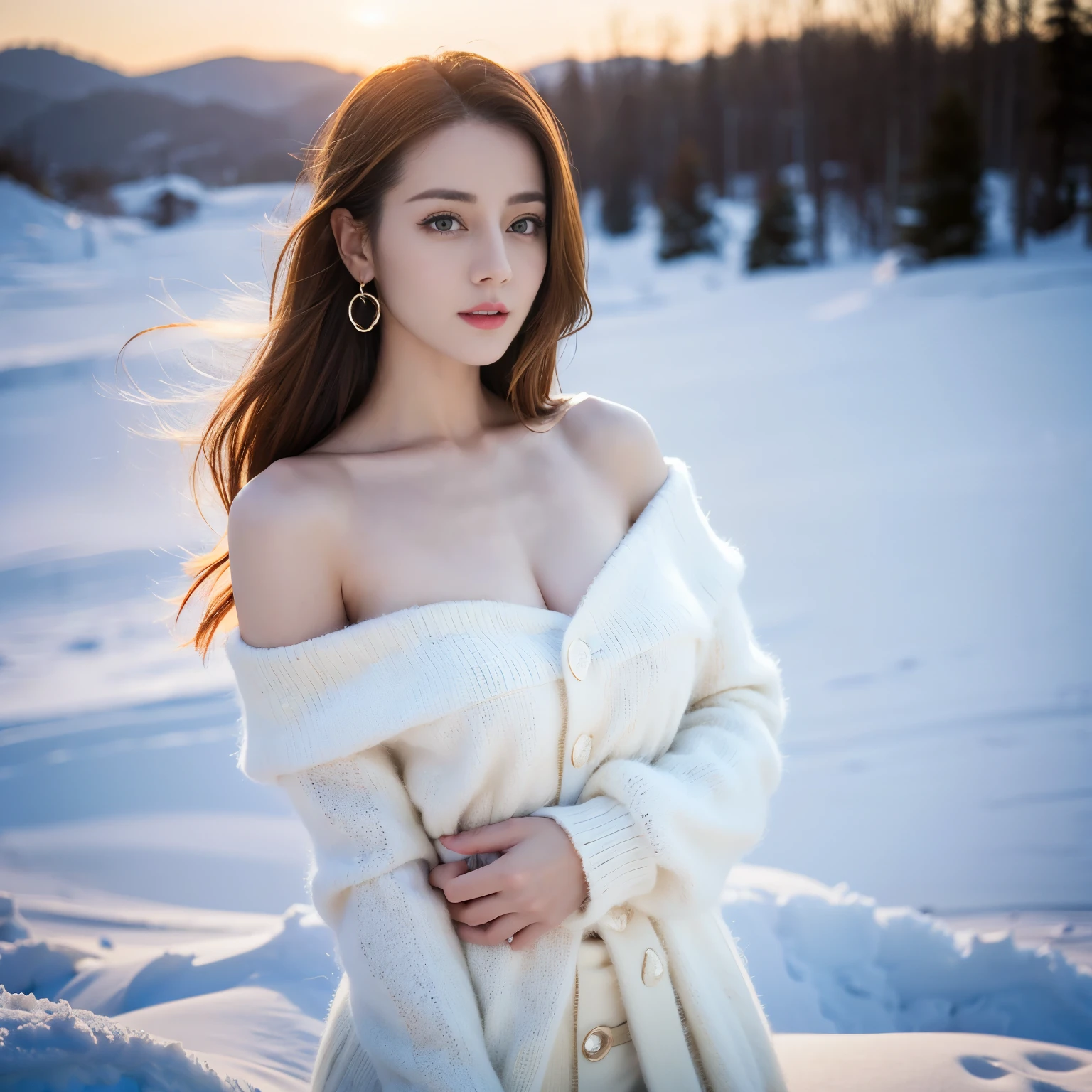 ((top quality、8k、​Masterpiece:1.3))、Extremely delicate and beautiful girl，full-body shot，huge breasts，bigger breasts，amazing breast size，G cup。Wear big earrings，Very white skin，moist red lips，Waist is very thin，Thighs are very thin，big butt，fair and smooth skin，Smooth and fair skin，flawless skin，Fair and shiny skin，cold white skin，The camera focuses on the chest，Bright light，white sweater，Expose more than half of the breasts，Lower body exposed，bare shoulders，light blonde hair，The hair is light blonde，Snow covers the ground，snow mountain，sunset，lake，highlight