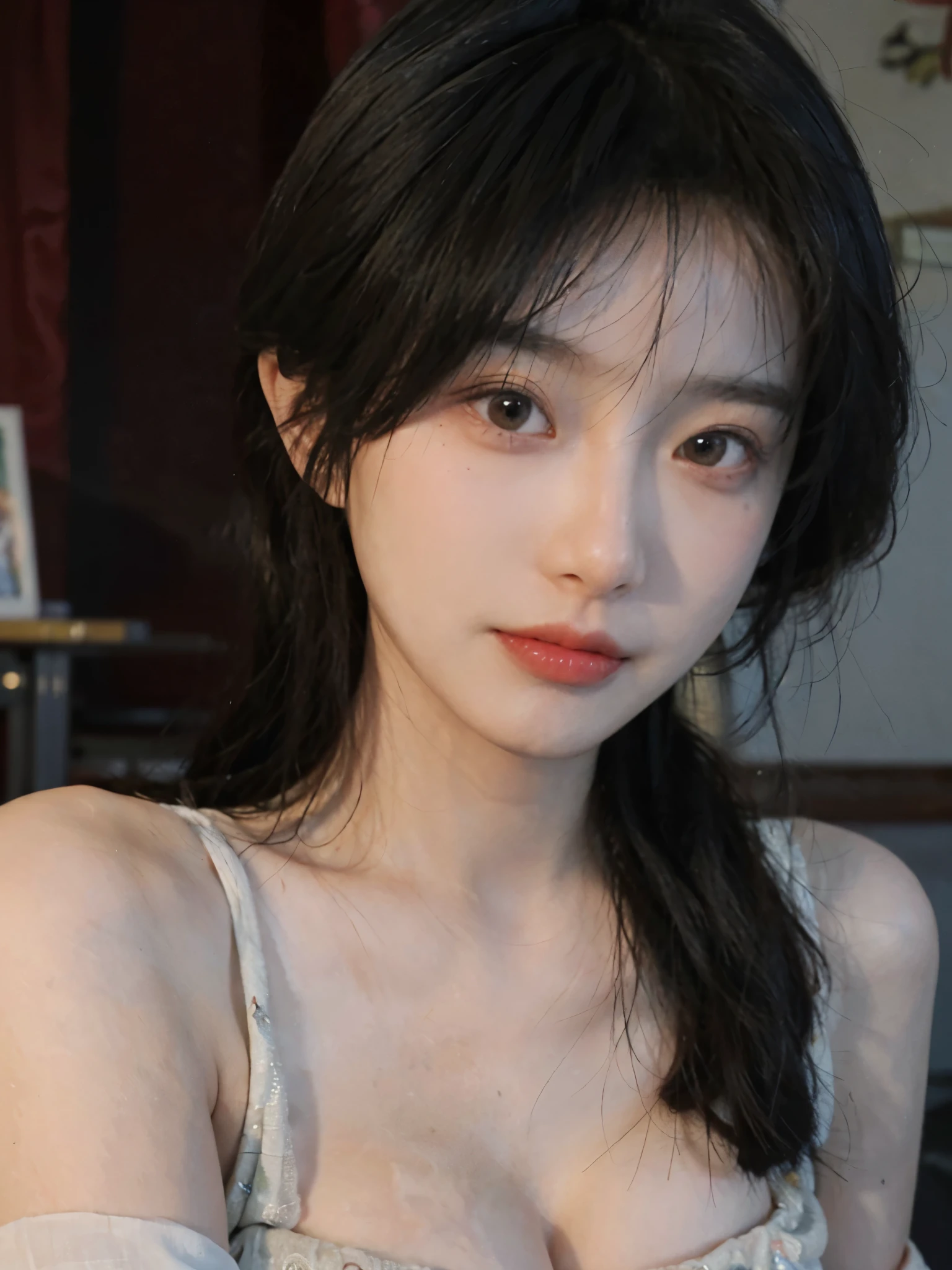 best quality, ultra high resolution, (realistically:1.4), a girl, A pair of clear and charming peach blossom eyes,Royal sister,a sense of atmosphere,a beautiful girl(faded gray hair:1), (Big cleavage:1.3), looking at the audience, Close-up cleavage ,