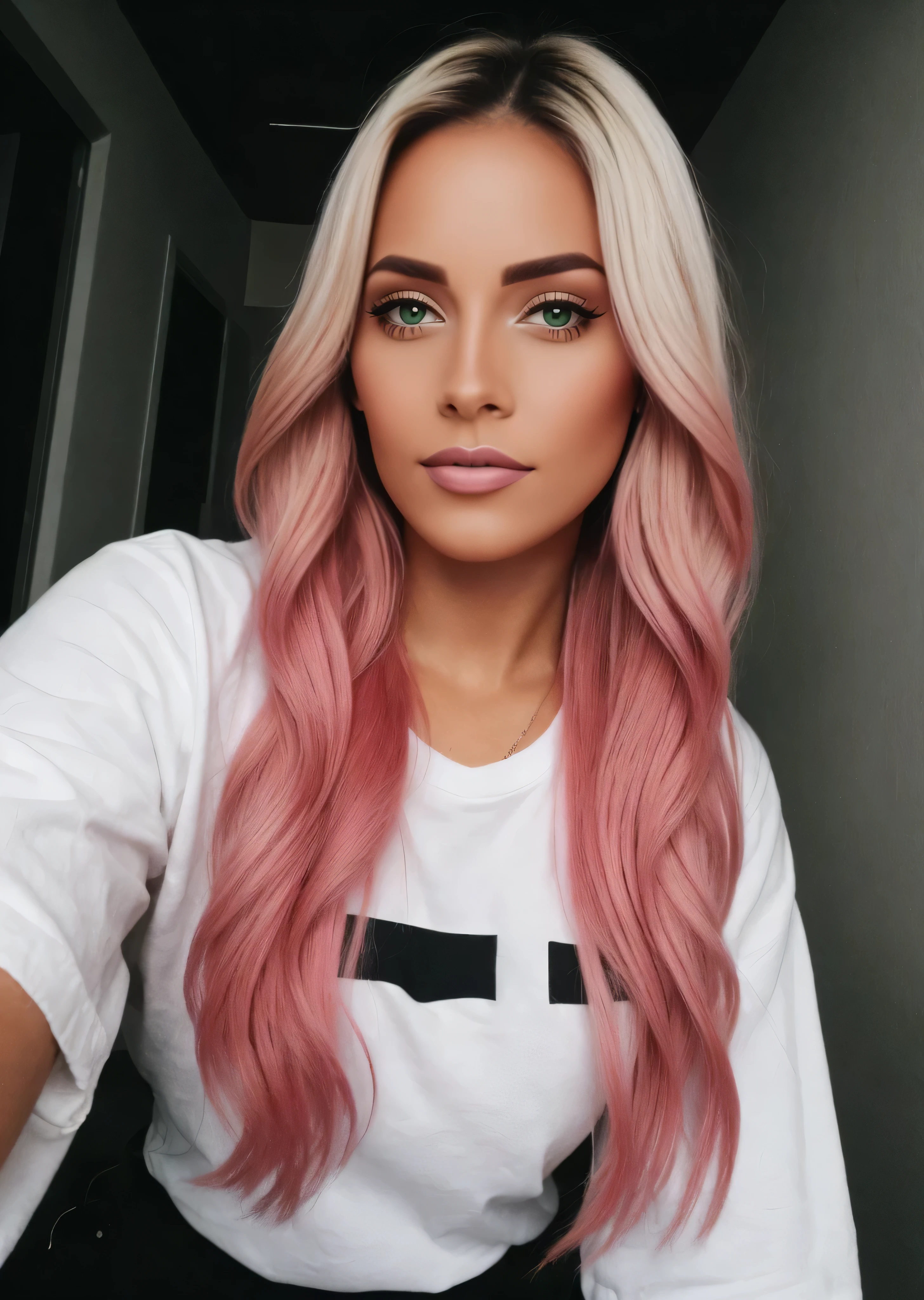 a close up of a woman with pink hair and a white shirt, light pink hair, pink hair, blonde hair with pink highlights, long pink hair, long light pink hair, pink wispy hair, bubblegum hair, long flowing pink hair, pink straight hair, faded pink, light pink hair with pink flames, rose hair, flowing pink hair, brunette with dyed blonde hair
