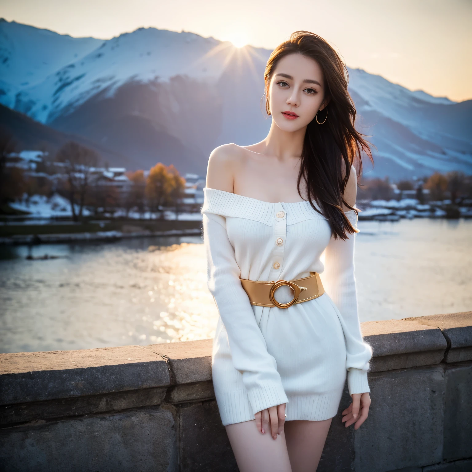 ((top quality、8k、​Masterpiece:1.3))、Extremely delicate and beautiful girl，full-body shot，huge breasts，bigger breasts，amazing breast size，G cup，Half of the breasts are exposed。Wear big earrings，Very white skin，moist red lips，Waist is very thin，Thighs are very thin，big butt，fair and smooth skin，Smooth and fair skin，flawless skin，Fair and shiny skin，cold white skin，The camera focuses on the chest，Bright light，white sweater，Lower body exposed，white hair，White hair，heavy snow，snow mountain，sunset，lake，sweet smile，mouth slightly open