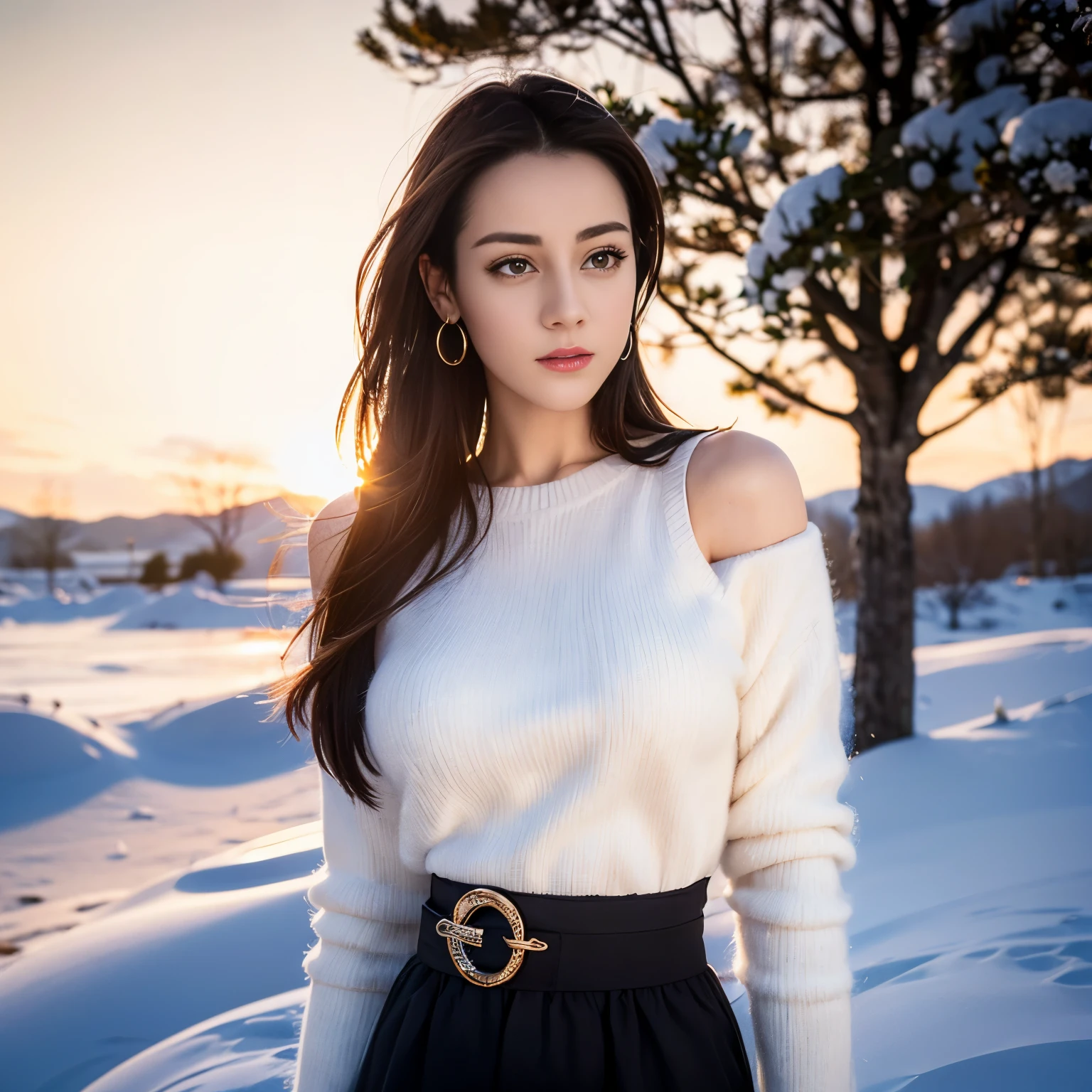 ((top quality、8k、​Masterpiece:1.3))、Extremely delicate and beautiful girl，full-body shot，huge breasts，bigger breasts，amazing breast size，G cup。Wear big earrings，Very white skin，moist red lips，Waist is very thin，Thighs are very thin，big butt，fair and smooth skin，Smooth and fair skin，flawless skin，Fair and shiny skin，cold white skin，The camera focuses on the chest，Bright light，Loose white sweater，Show breasts的一大半，Show breasts，Lower body exposed，bare shoulders，white hair，hair is white，White hair，Snow covers the ground，snow mountain，sunset，There is a tree full of white flowers on the upper right