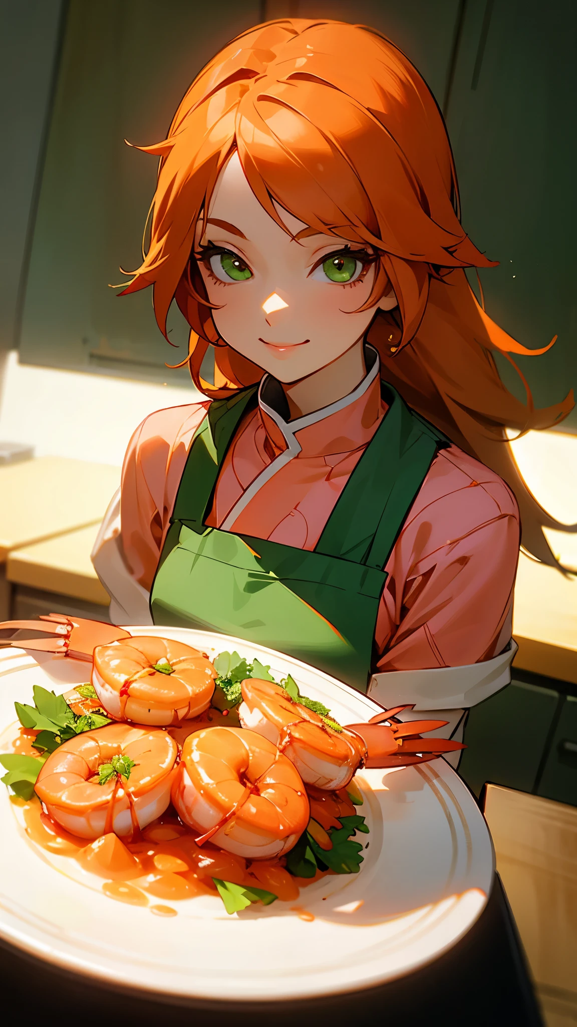 1 girl、solo、orange hair、green eyes、smile、cook in the kitchen、Cooking shrimp on a plate、professional lighting、anime style、upper body close-up