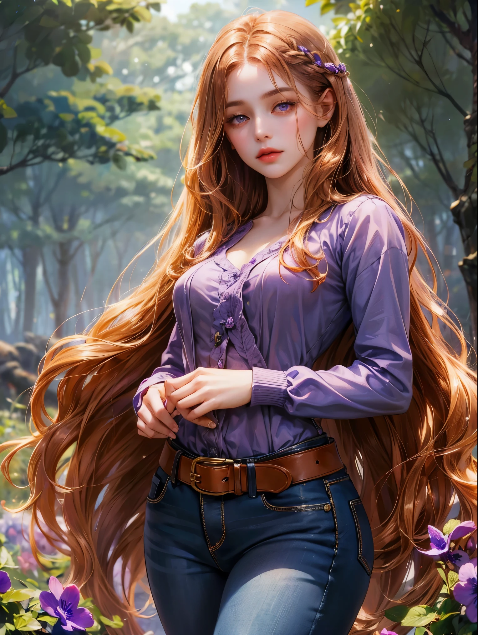 A girl, medium copper colored hair, wavy hair, small , no bangs and violet eyes. She wears a violet shirt with long jeans, beautiful girl, detailed eyes, detailed face, detailed hands, she looks at the viewer. Full figure. Background a forest, she is wrapped in amethyst flowers