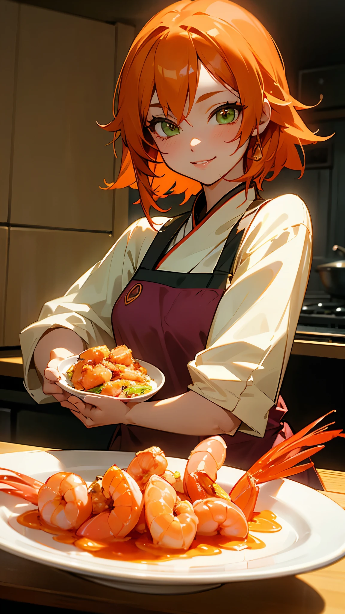 1 girl、solo、orange hair、green eyes、smile、cook in the kitchen、Cooking shrimp on a plate、professional lighting、anime style、upper body close-up