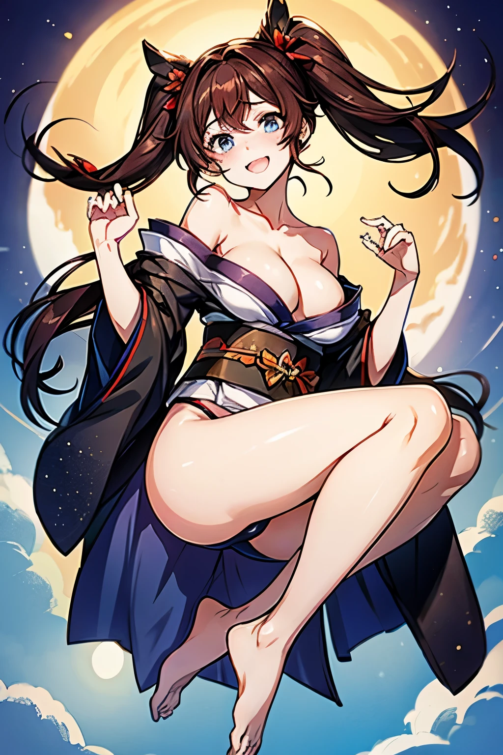 (Girl wearing a mini-length kimono with red, black, and yellow color scheme), detailed blue eyes, cleavage, red obi, ribbons in twin tails, brown hair, bare feet with red thong sandals, attractive thighs , lively movement, beaded bracelet, moonlit sandy beach, fantastic atmosphere, enough moonlight for the subject, feminine and cute, no make-up, smiling, blushing, staring at me.