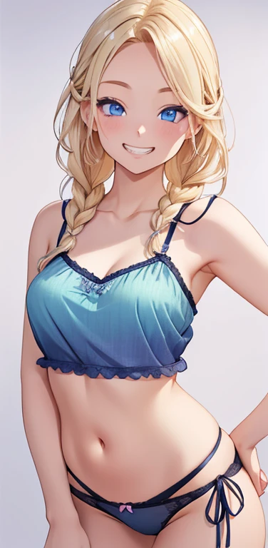 Realistic、1house wife、blonde hair、braid、blue eyes、(eye focus:1.3,face focus,cowboy shot),(gradient eyes:1.3),(camisole　y　panopen mouth,(grin:1.3),forehead,cute face、hands on own hip,