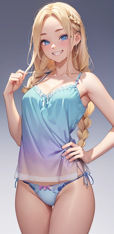 Realistic、1house wife、blonde hair、braid、blue eyes、(eye focus:1.3,face focus,cowboy shot),(gradient eyes:1.3),(camisole　sexy　panties
)、open mouth,(grin:1.3),forehead,cute face、hands on own hip,