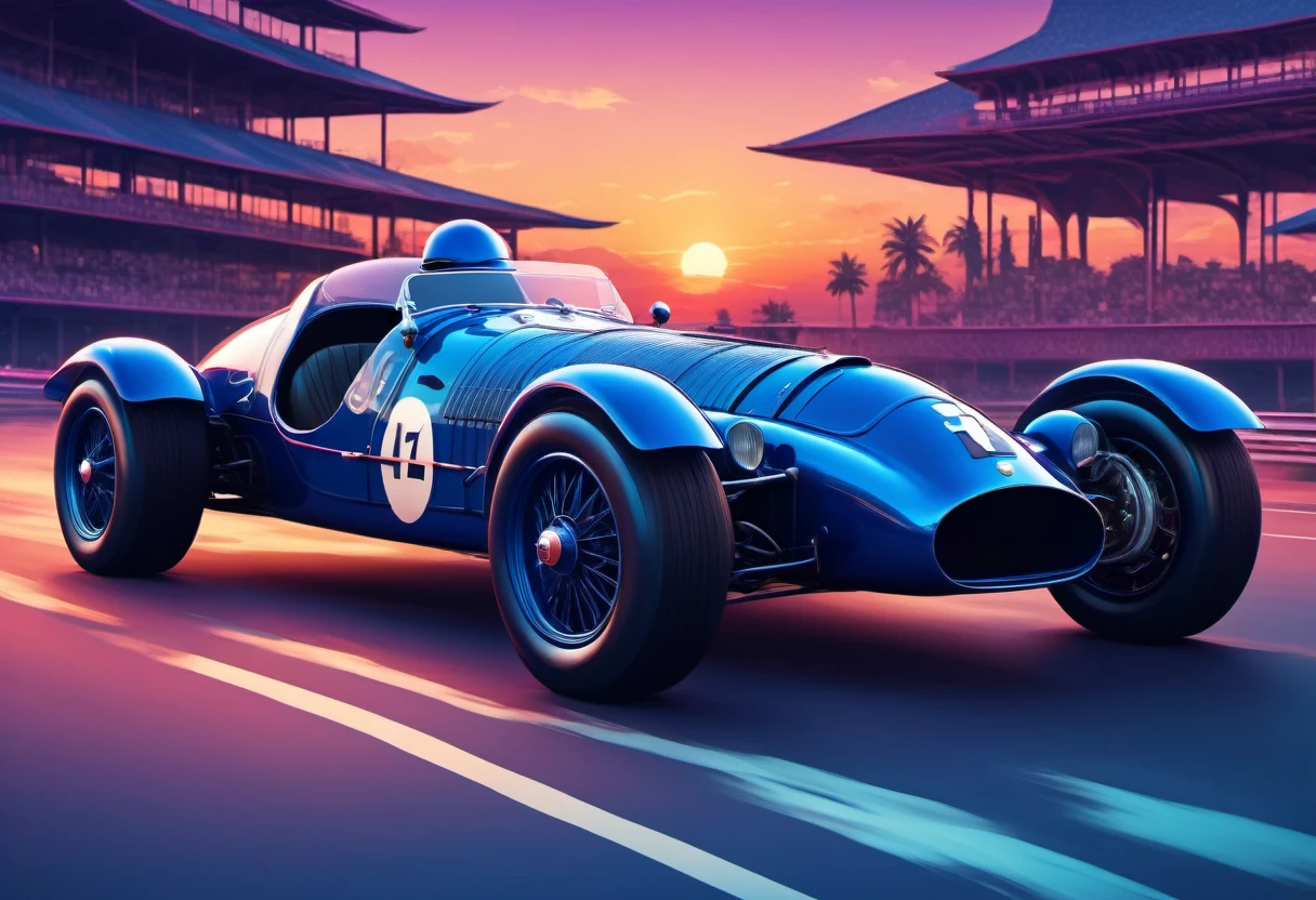 (best quality, highres), Marija,stunning and magical woman driving a mgical old racing car, magical sunset, vaporwave old school racing car, on the road, speed,  in blue tones, zentangle, 3d crunch, cinematic,