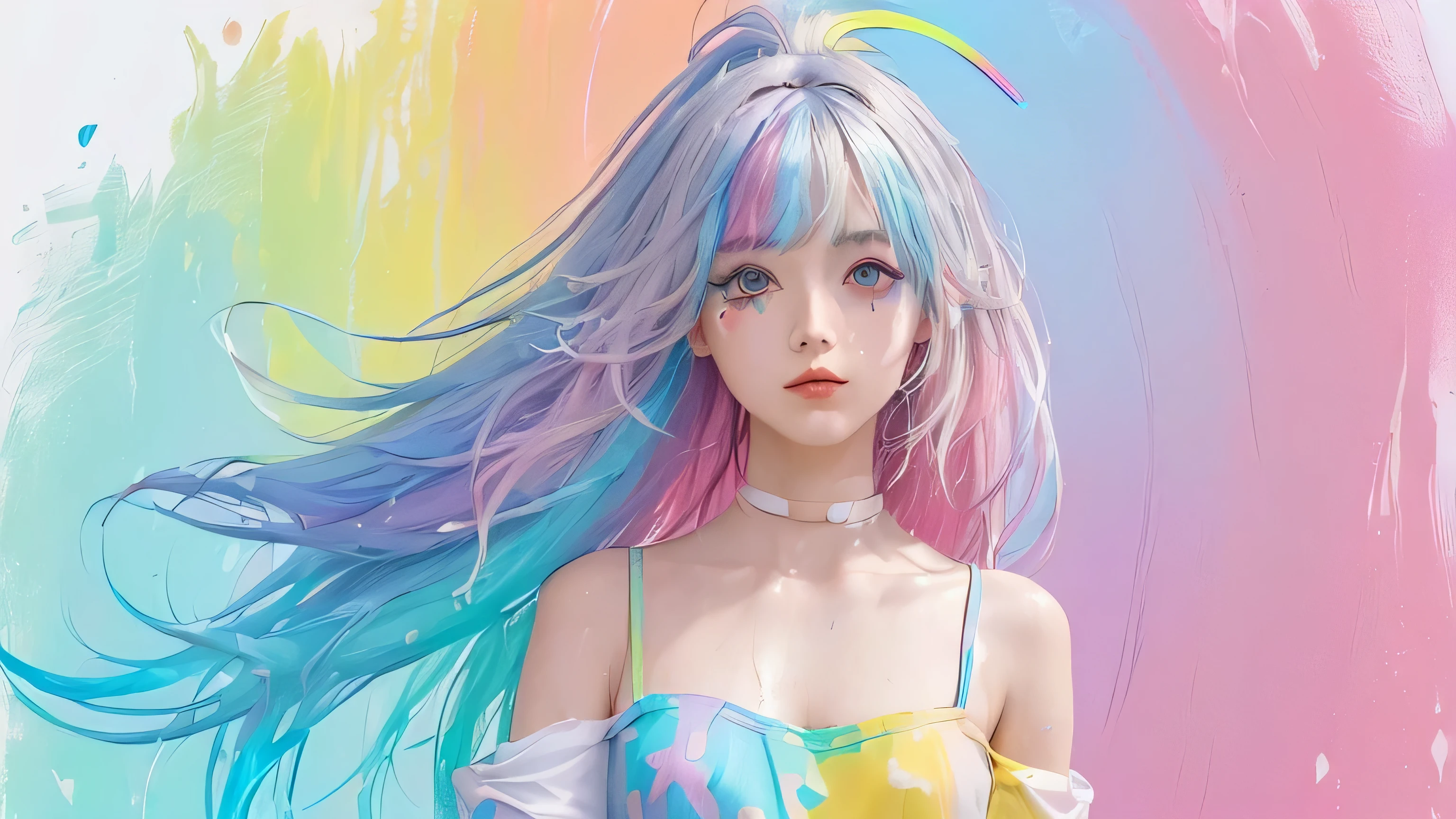 (pink fashion t-shirt:1.9),(colorfulな髪: 1.8), (all the colors of the rainbow: 1.8),(((((vertical painting:1.6))), (painting:1.6),front, comics, shapes, paintings, Big eyes, clear eyes,( Rainbow color gradation high ponytail:1.7), exquisite makeup, closed mouth,(small fresh: 1.5),(wipe chest: 1.6) ,long eyelashes, white off shoulder t-shirt, white shoulder shirt,looking at the audience, big teary eyes, (rainbow colored hair:1.6), カラーsplash, (alone:1.8), カラーsplash, explosion of colors, thick paint style, messy lines, ((shining)),(colorful), (colorful), (colorful), colorful, Thick paint Style, (splash) (Color splash), Vertical painting, Upper body, paint splash, acrylic pigment, slope, paint, best image quality, highest quality, masterpiece, alone, written boundary depth, Face paint, colorful clothes, (elegant: 1.2), nice,long hair, Wind, (elegant: 1.3), (petal: 1.4),(((masterpiece))),(((highest quality))),((Super detailed)),(shape),(dynamic angle),((floating)),(paint),((messy hair)),(alone),(1 girl) , (((Detailed anima face))),((Beautiful and dense face)),collar,bare shoulders,gray hair, ((colorful hair)),((striped hair)),fine and beautiful eyes,(slope color eyes),(((colorful eyes))),(((colorful background))),(((high color saturation))),(((surrounded by colorful splashes))),