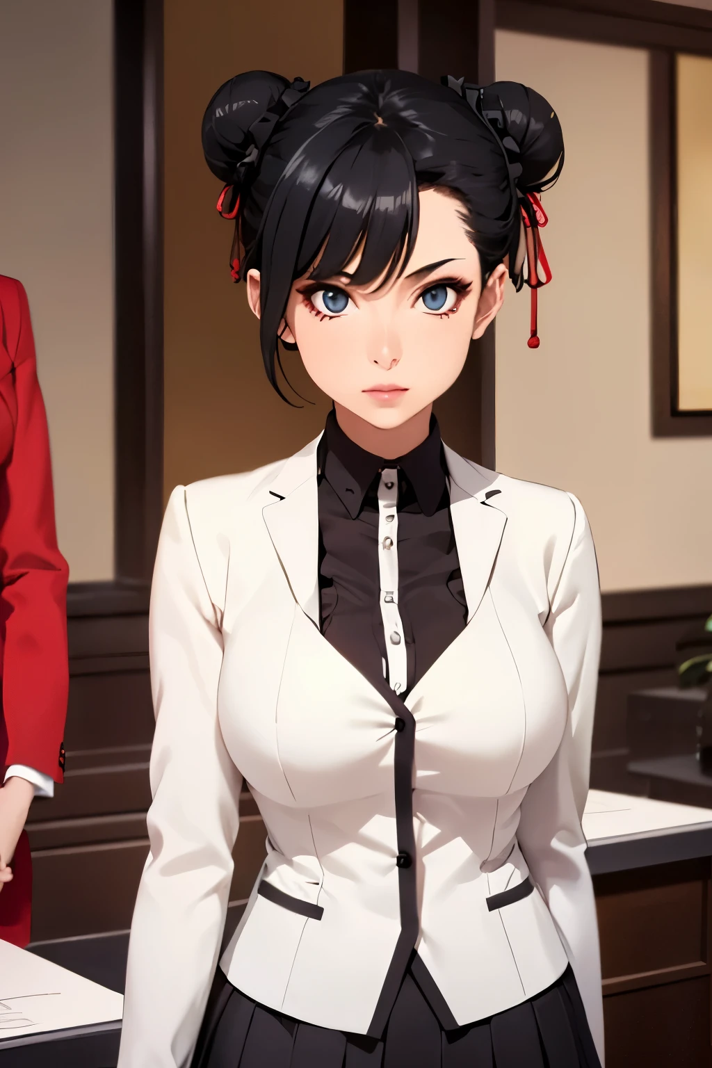 (masterpiece, best quality, detailed illustration, high resolution), ((1girl, solo)), ((huge breasts, large breasts, slim waist, long legs, fit body, toned body)), ((black hair)), ((white shirt, skirt, red suit)), ((full body, closeup view)), ((standing)), ((looking at the viewer, facing the viewer)), office setting, ((fair skin)), oiled skin, ((large breasts, mature woman, mature female, mature lady)), ((twin hairbun)), (short hair), (detailed eyes), ((standing)),