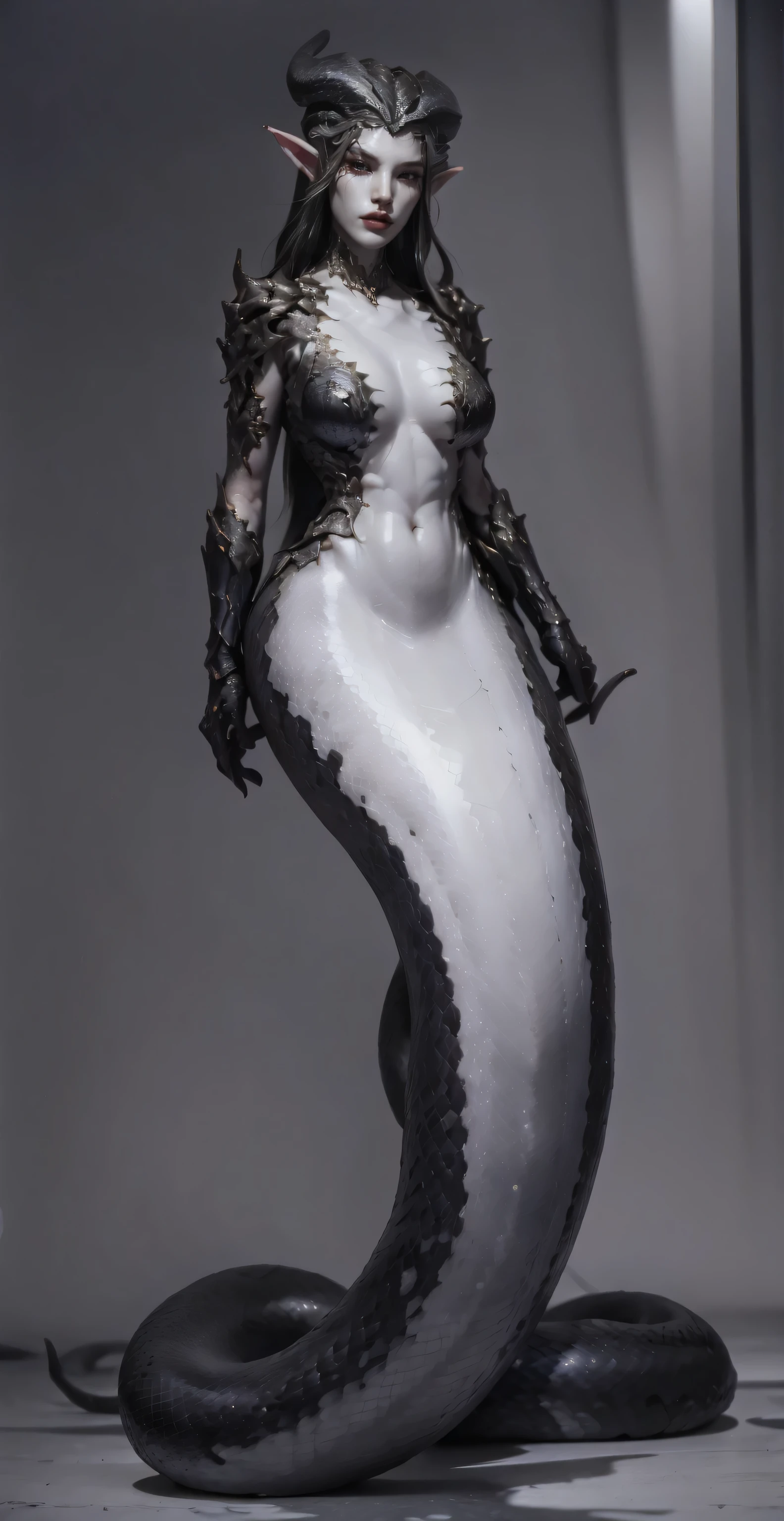 （（masterpiece，best quality，Ultra-clear，original photo，Extremely detailed CG，8K）），Lamia，（细长的蟒snake尾巴：1.3），Beautiful elf girl，long black hair，snake eyes，细致的snake eyes睛，Detailed face，Detailed hands，Smooth and delicate skin，skin glow，snake鳞体，（Big breasts and thin waist），美丽的snake鳞，蟒snake模式，There are two horns on the head，（dark style：1.3，snake，magic，palace），High resolution，（super detailed：1.4），（lifelike：1.2），imagine，full-body shot