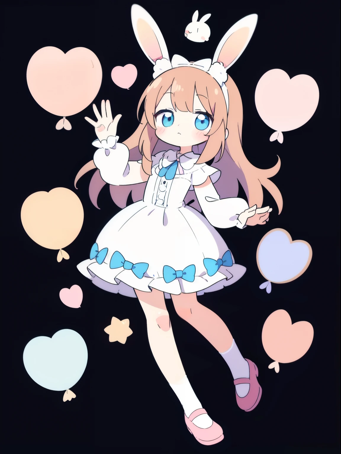 1 rabbit, sweets wonderland, full body, blush,soft clear, lolita clothes, egl fashion, rabbit, pastel, balloons, rabbit is happy, no person in photo, a rabbit wearing lolita dress, puffy dress, kawaii, waving,white background, Sylvanian family , lop bunny, bow on head, simple, holding two heart balloons, an animal, wearing cute shoes ,