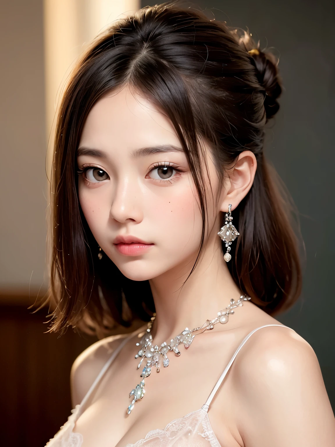 (masterpiece:1.3)、Super detailed finish、(High resolution、8k:1.3)、highest quality、(Super realistic like a photo:1.3), beautiful hands,beautiful fingers、The face is in focus, ultra high definition face、close up on face, Face is in focus、Ultra high definition and beautiful eyes、(focused eyes:1.3)、(Eyes are symmetrical:1.3)、High-definition and beautiful skin、firm skin、natural makeup、gross lip, Ultra high definition hair texture、japanese woman、17 years old、very cute, half updo:1.2, medium breast, (formal dress:1.3), (very embarrassed:1.3), (blush:1.3), (shy pose、dynamic pose:1.2), Mr.々shooting angle:1.3, (looking at viewer:1.3)、thin necklace、small one point earrings
