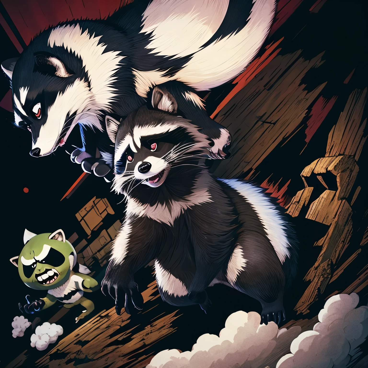 raccoon dog, raccoon dog, go crazy, Monster, An illustration,anime,Two dimensions,animal,darkness,