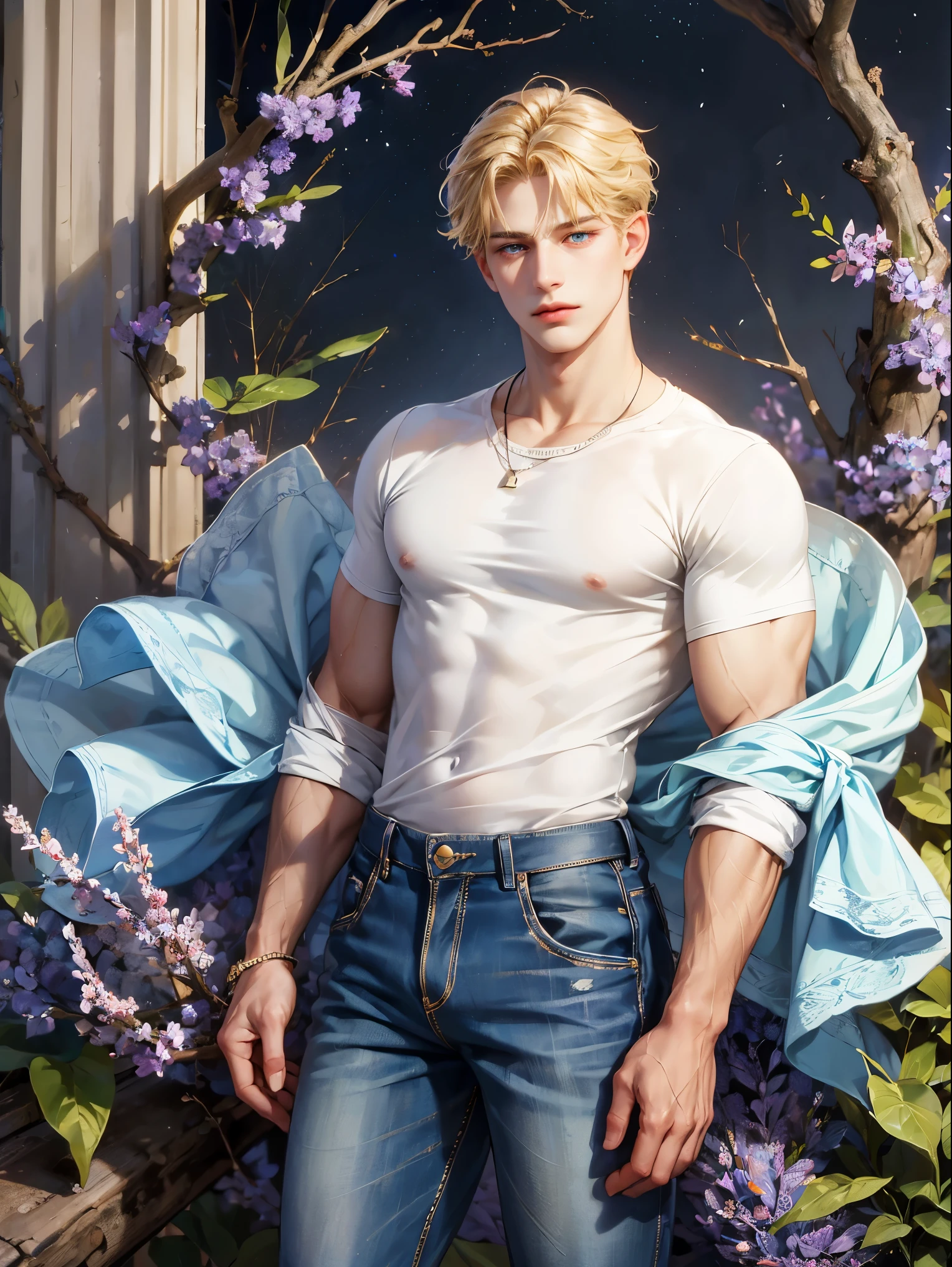 A boy, short blonde hair, wavy hair. Sky blue eyes. He wears a pullover and long jeans, handsome guy, detailed eyes, detailed face, detailed hands, he looks at the viewer. Full figure. Background a forest, he is wrapped in amethyst flowers