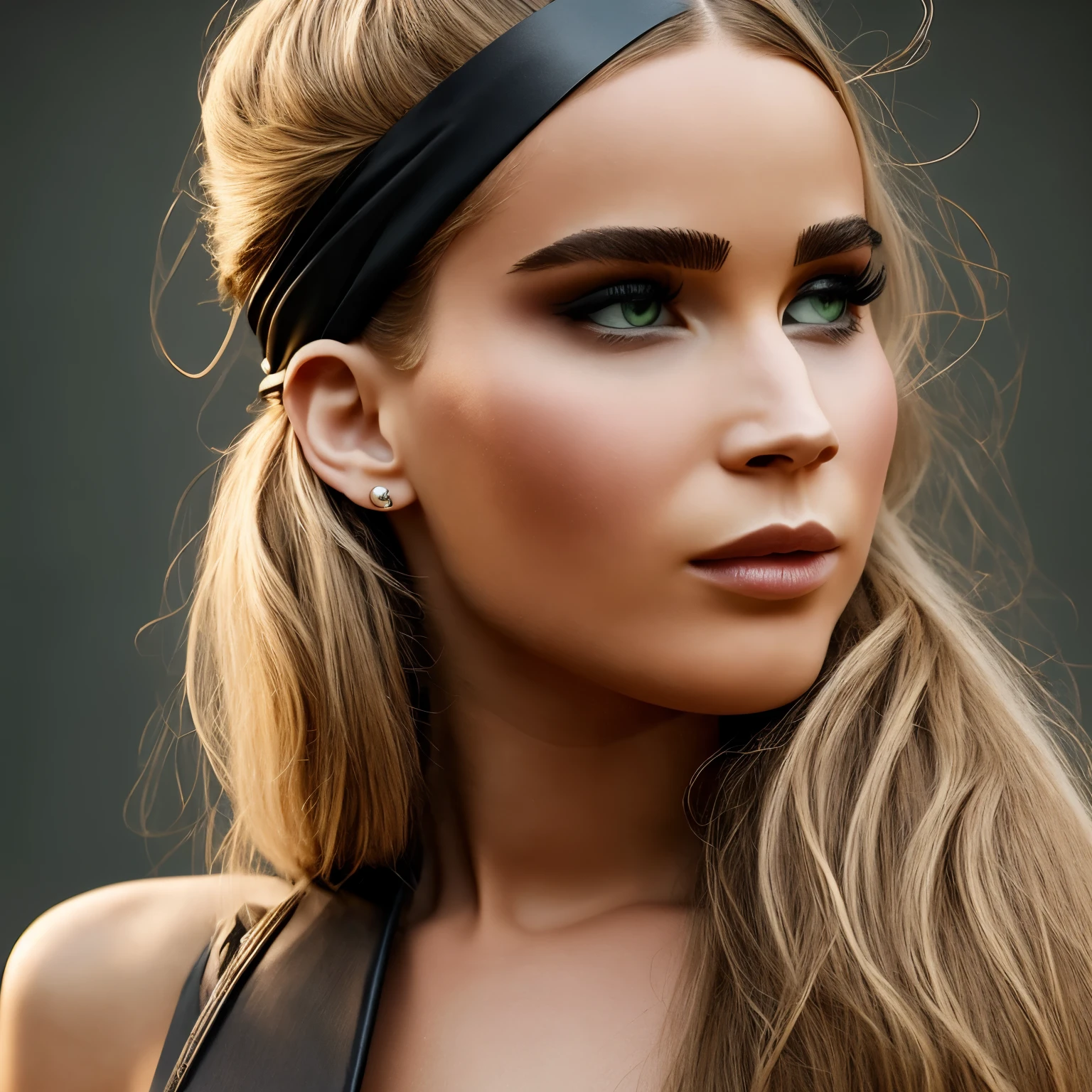 A superb photograph of a woman showing her magnificent hairstyle where there is a bottle green leather headband holding the hair and hairstyle. The color finish, the expressions of the image and the clothing details highlight the talent of the artist. The image should have extremely balanced lighting to make details visible across the entire model, with very clear and sharp edges and textures. The design should feature strong shadows and intense highlights to accentuate different levels and surfaces, ensuring that no details are obscured. The overall composition exudes a sense of elegance and sophistication, emphasizing the intricate details and overall balance of the design. The overall composition is a promotion of the headband creating a feeling of high fashion and luxury.