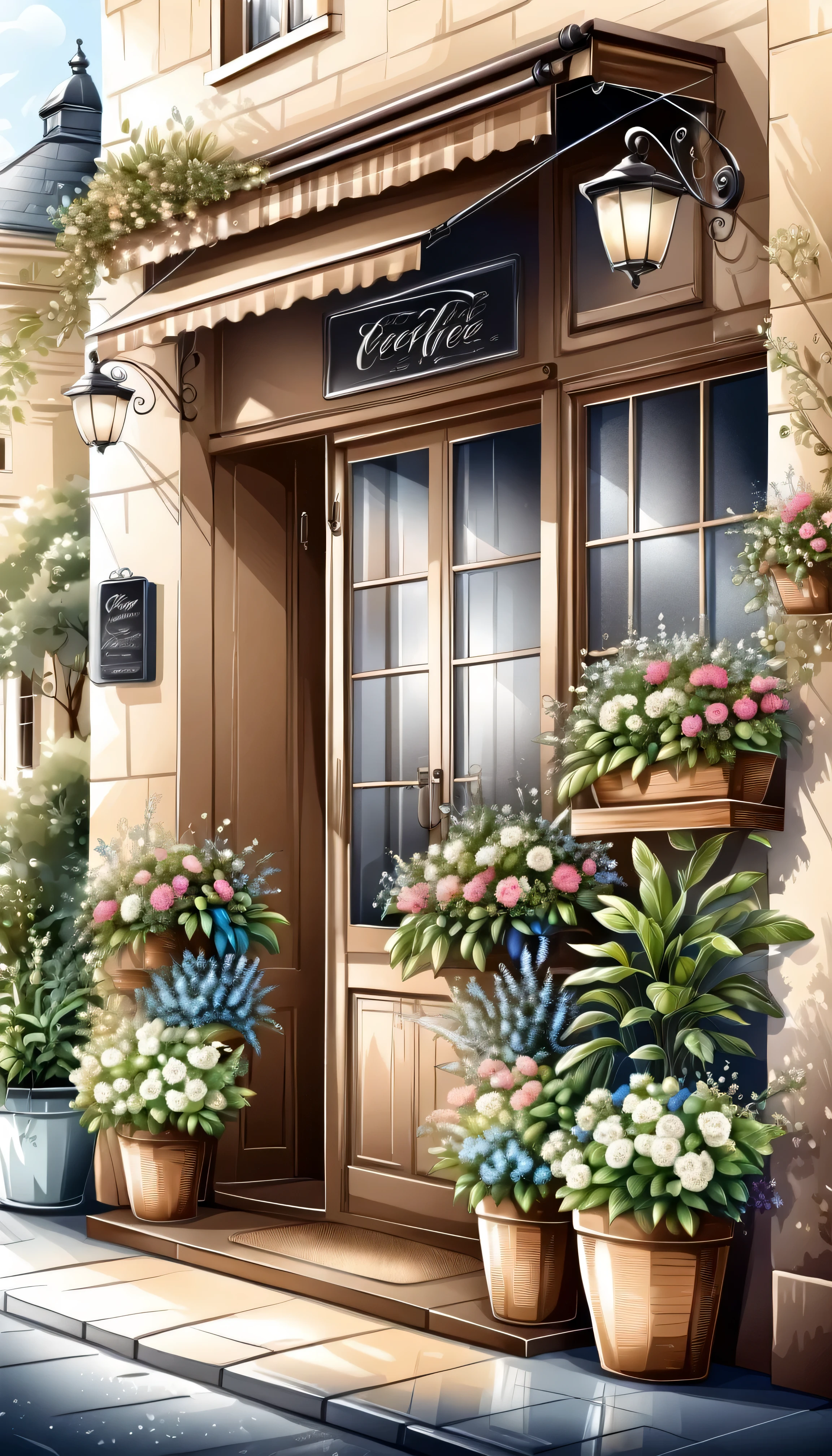 Hand drawn illustration outdoor coffee shop entrance，Fragrant coffee, Exquisite and elegant decoration.Fresh and bright flowers and plants.Very detailed,tonal texture.The contrast between light and shadow is obvious