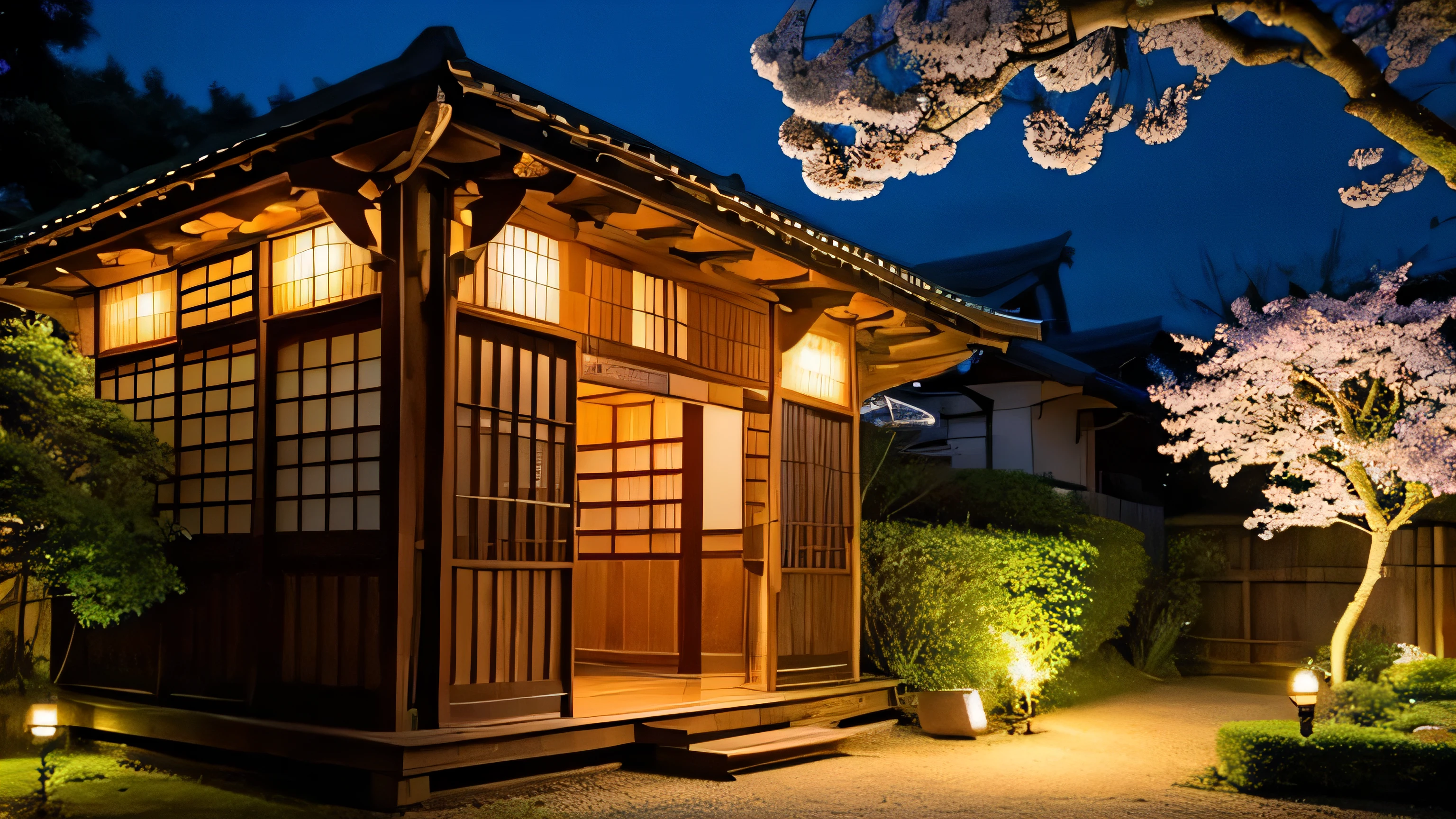 ancient folk house、garden、nihonbashi、night、moon、cherry blossoms、Japanese style、There