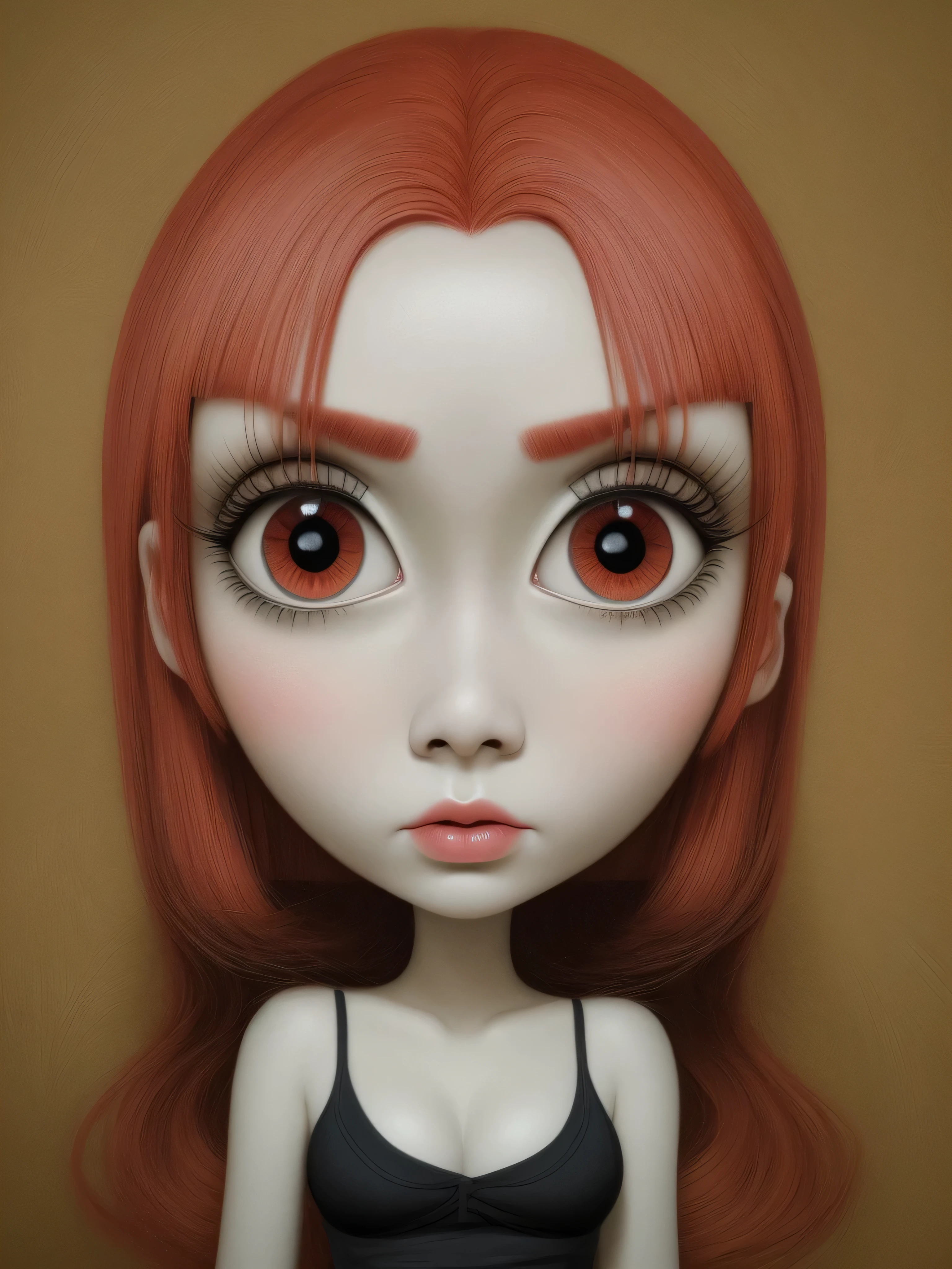 there is a drawing of a woman with red hair and ojos grandes, ojos grandes with eyelashes, inspirado por Margaret Keane, ojos grandes, inspirado en Nara Yoshitomo, with ojos grandes, ojos grandes and lips, inspirado por Mab Graves, detailed ojos grandes, weird silly thing with ojos grandes, inspirado en Chiho Aoshima, futuristic ballroom. ojos grandes