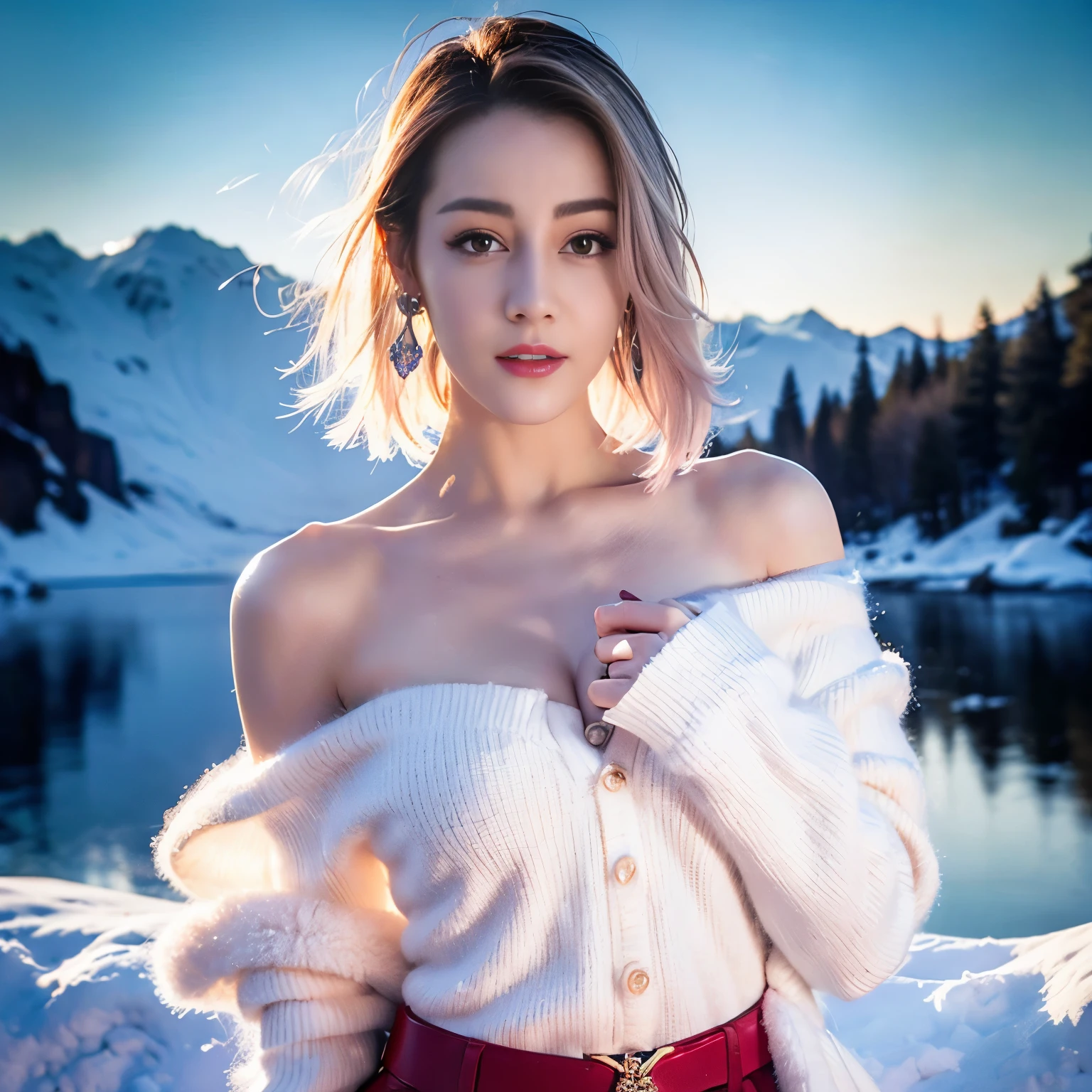 ((top quality、8k、Masterpiece:1.3))、Extremely delicate and beautiful girl,full-body shot,huge breasts,bigger breasts,amazing breast size,G cup。Wear big earrings,Very white skin,moist red lips,Waist is very thin,Thighs are very thin,big butt,fair and smooth skin,Smooth and fair skin,flawless skin,Fair and shiny skin,cold white skin,The camera focuses on the chest,Bright light,white sweater,Lower body exposed,bare shoulders,light pink hair,The hair is light pink,heavy snow,snow mountain,sunset,lake