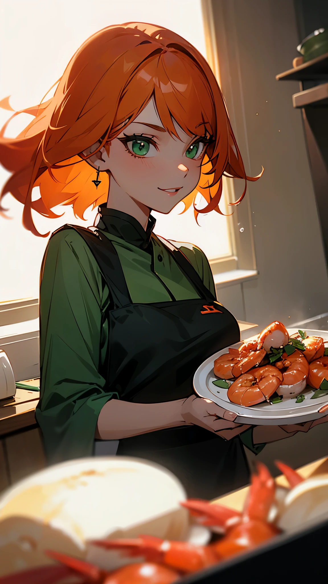 1 girl、solo、orange hair、beautiful green eyes、evil smile、From the side、cook in the kitchen、Cooking shrimp on a plate、professional lighting、anime style、upper body close-up