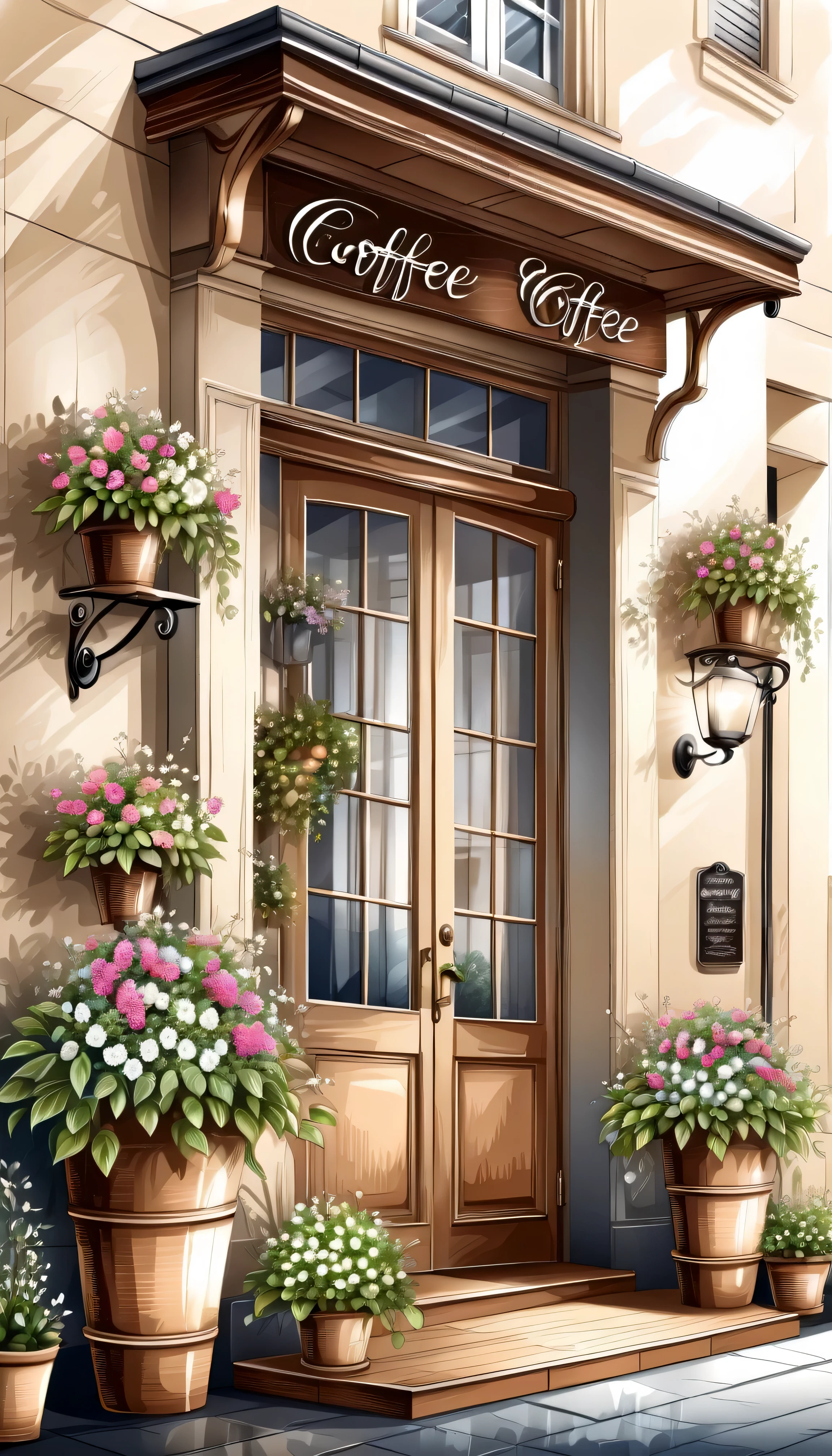 Hand drawn illustration outdoor coffee shop entrance,Fragrant coffee, Exquisite and elegant decoration.Fresh and bright flowers and plants.Very detailed,tonal texture.The contrast between light and shadow is obvious