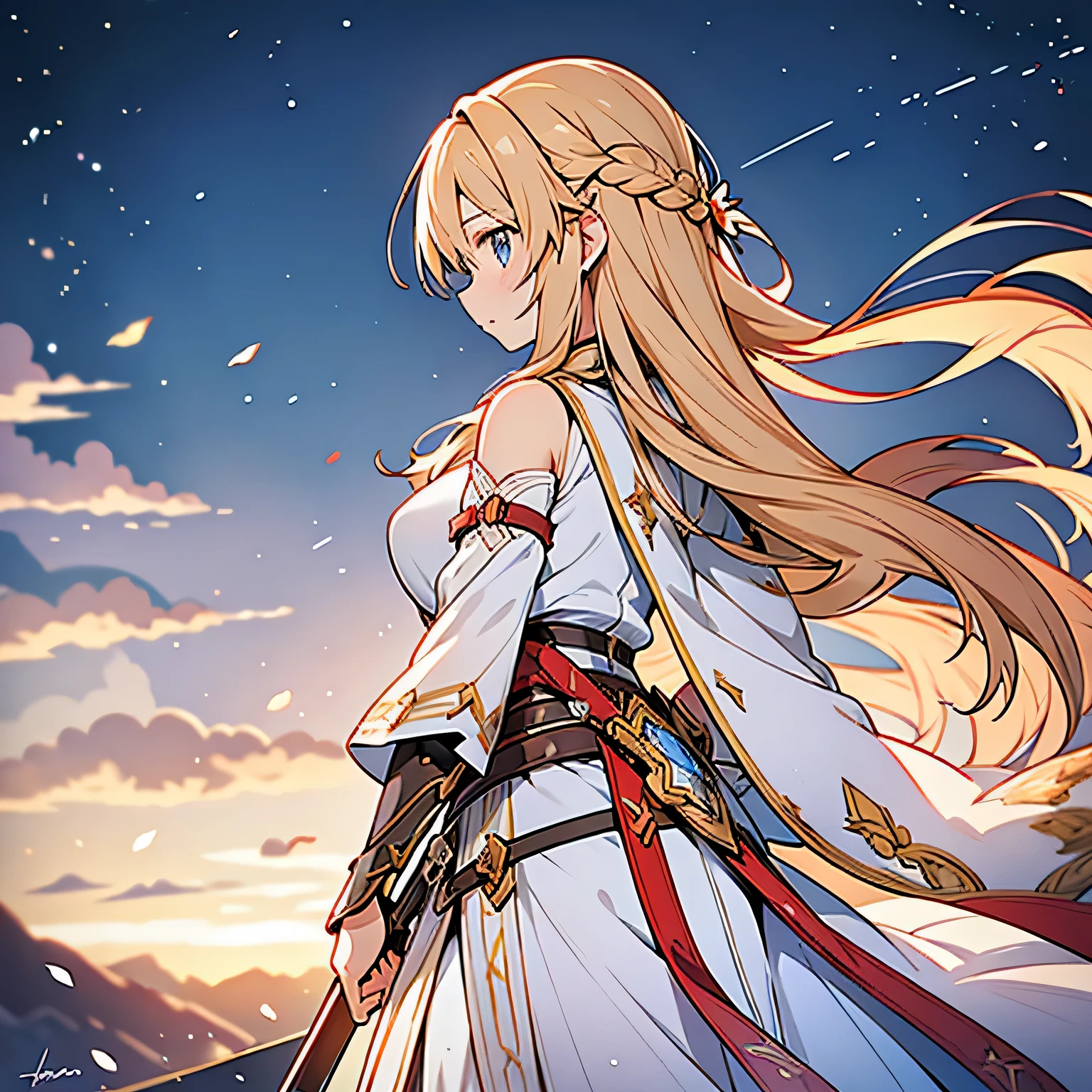 In der Darstellung, Asuna aus Sword Art Online steht ausgeglichen und entschlossen da, exudes an aura of strength and grace. Her long auburn hair falls down her back, with a few strands, that frame her delicate facial features. Ihre Augen, ein fesselnder Haselnusston, reflect both determination and warmth, wenn sie nach vorne blickt. Dressed in her signature white and blue knight costume, Asunas Kleidung ist mit aufwendigen Details und Akzenten verziert, She presents her role as an experienced warrior in the virtual world. Der sanfte Schein des Sonnenlichts beleuchtet ihre Figur, Highlighting the fine craftsmanship of her armor and the subtle contours of her face. Ihre Hand ruht sanft auf dem Griff ihres Schwertes, Asuna exudes a sense of preparedness and determination, bereit, sich jeder Herausforderung zu stellen, die auf sie zukommt.