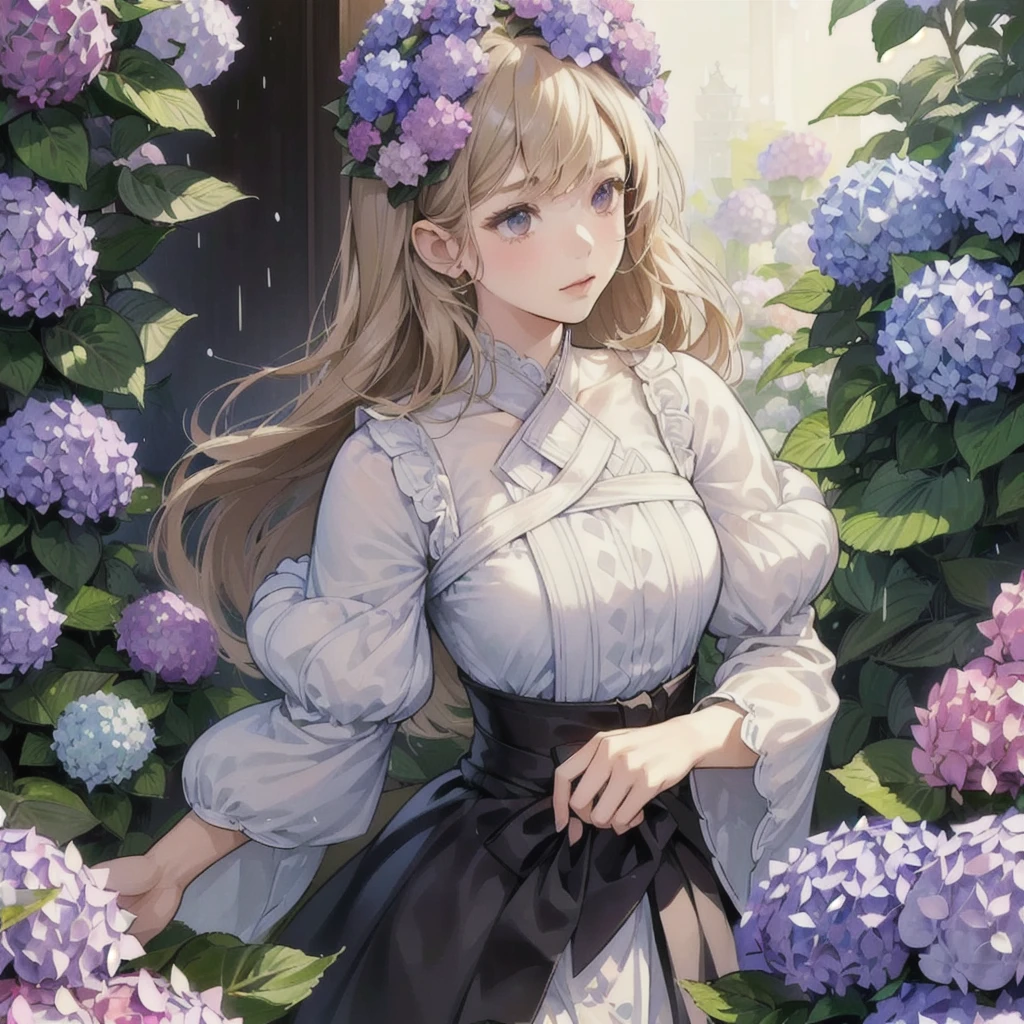 (A girl buried in a giant hydrangea:1.5), Spring rain theme, dainty woman dancing in the rain, harmony and fusion of space and plane, impressive and realistic moe anime style illustration, rich and delicate drawing, 3D melody of rain splash and spring scenery, trick art to fascinate viewers, unique expression technique and angles, abstract shading and colorful scenery, full screen world view object, depth and gravity, enhancing the woman, delicious harusame, modern costume and harusame pattern, depth and delicate, hydrangea (Hydrangea macrophylla), (Background is Temple where hydrangeas are in full bloom with richly and delicately drawn:1.3),