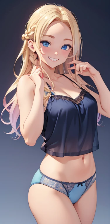 Realistic、1house wife、blonde hair、braid、blue eyes、(eye focus:1.3,face focus,cowboy shot),(gradient eyes:1.3),(camisole　sexy　panties
)、open mouth,(grin:1.3),forehead,cute face、finger to mouth,