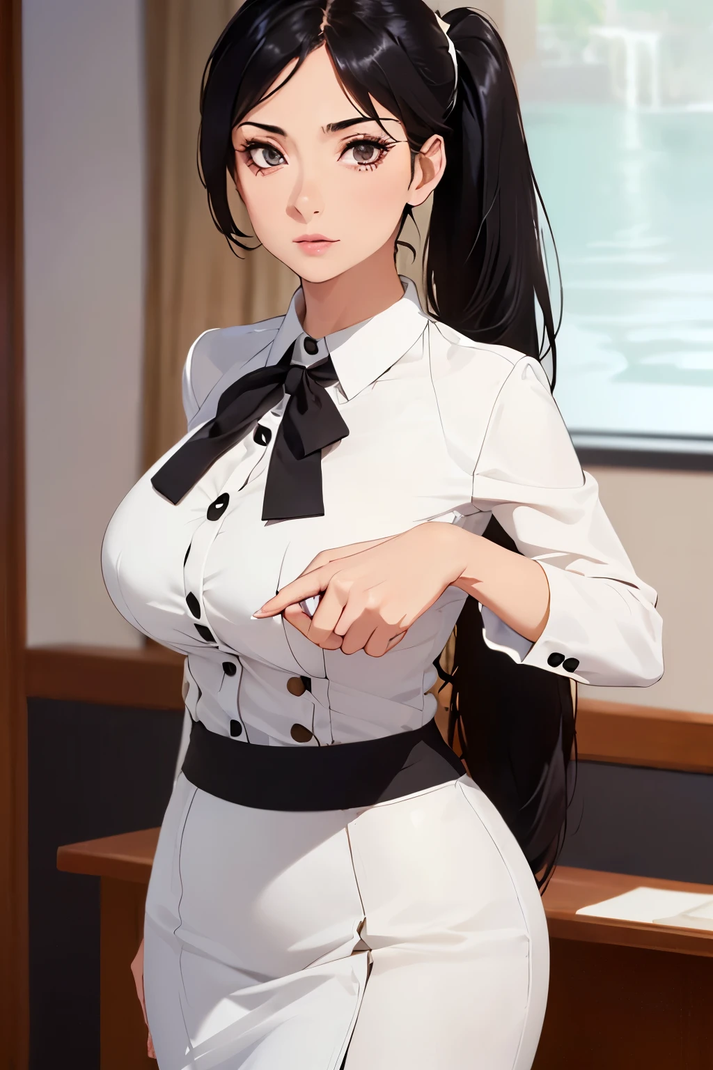 (masterpiece, best quality, detailed illustration, high resolution), ((1girl, solo)), ((huge breasts, large breasts, slim waist, long legs, fit body, toned body)), ((black hair)), ((white shirt, skirt, red suit)), ((full body, closeup view)), ((standing)), ((looking at the viewer, facing the viewer)), office setting, ((fair skin)), oiled skin, ((large breasts, mature woman, mature female, mature lady)), ((side ponytail)), (long hair), (detailed eyes), ((standing)),