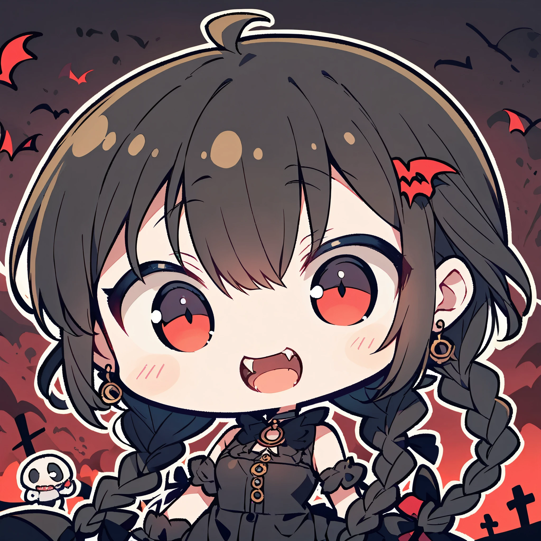 A dynamic, illustration, full body, from front, of a vampire chibi, long ((black hair:1.4)), (braids:1.4), long black dress, (((fangs))), dark graveyard background